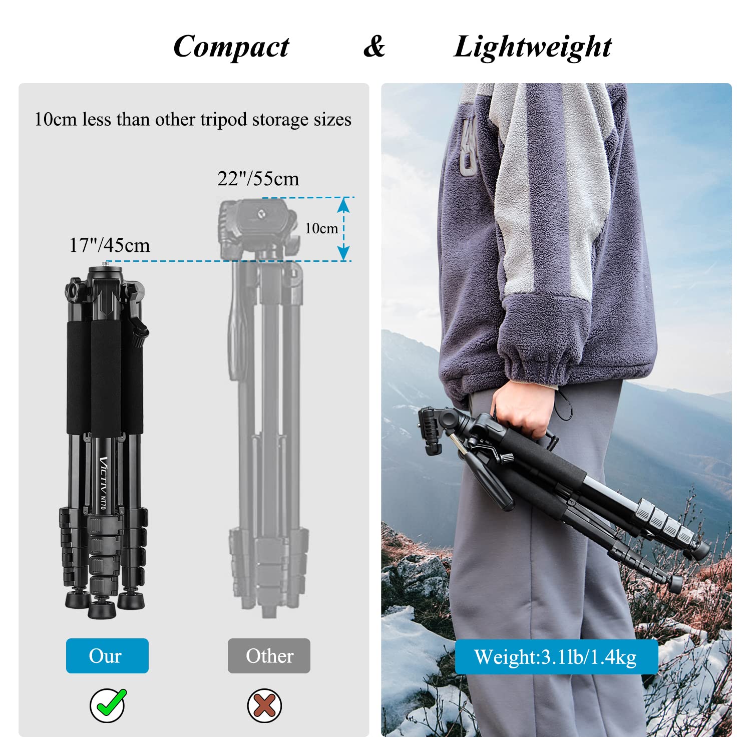 Victiv 52-185cm Lightweight Aluminum Camera Tripod with Removable 3-Way Head - DSLR Tripod for Canon Nikon Sony, Smartphone Tripod with Phone Mount - Perfect for Travel, Vlogging & Photography