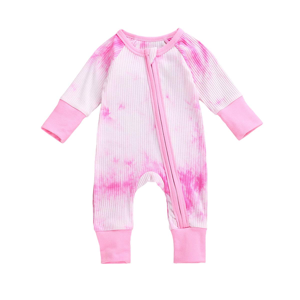 Gupgi Newborn Baby Tie-Dye Romper - Long Sleeve Ribbed Knit Zipper Jumpsuit for Boys & Girls (0-3 Months) | Soft Infant One-Piece Outfit for Home, Playdates & Photo Shoots - Rose Red