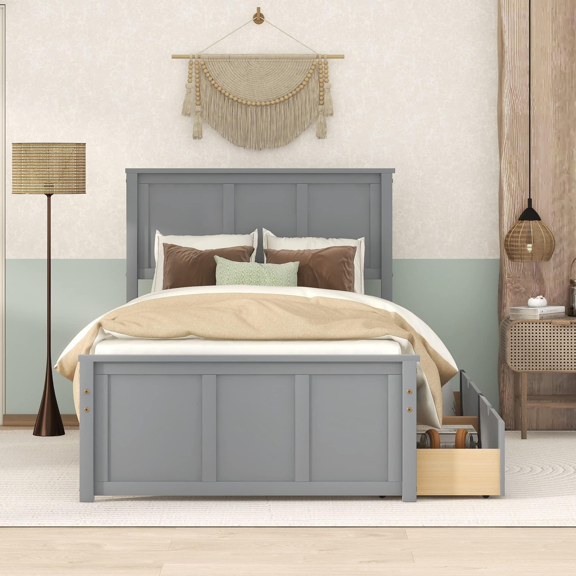 Twin Size Wooden Platform Bed Frame with Storage Drawers, Headboard & Footboard - Sturdy Captain Bed for Kids, Teens, Boys & Girls (Gray) - Perfect for Small Bedrooms, Guest Rooms & Dormitories