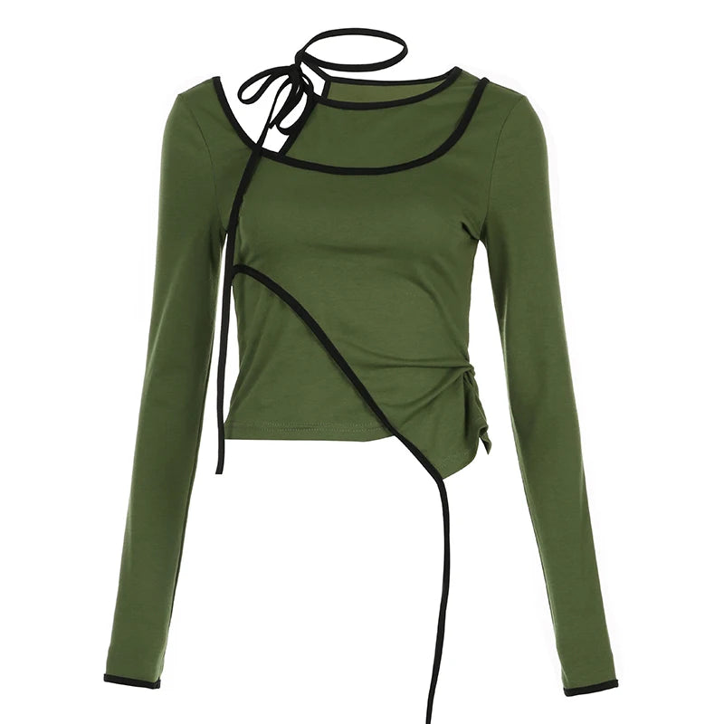 Women's Asymmetrical Folds Spliced Long Sleeve Halter Neck Slim Fit Casual T-Shirt | Korean Style Autumn Top | Perfect for Daily Wear, Office Outfits & Date Nights