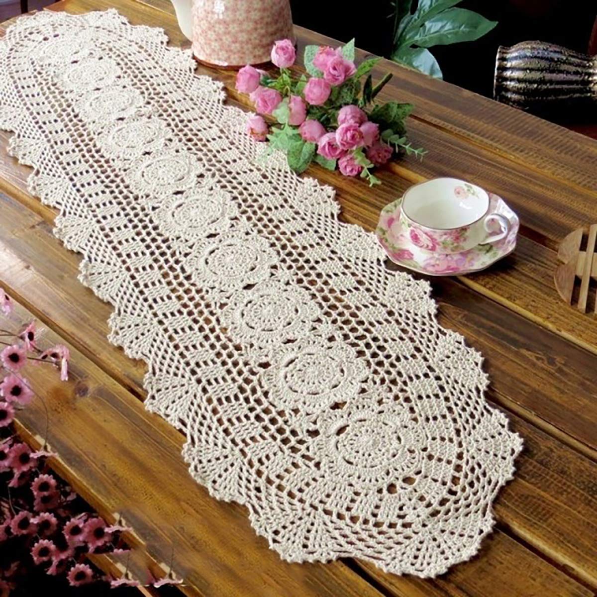 Handmade Beige Crochet Cotton Table Runner - 11.8 x 43 Inches Lace Doily Oval Dresser Scarf - Elegant Dining Table Decor, Wedding Centerpiece, Vintage Home Decor for Coffee Tables and Sideboards