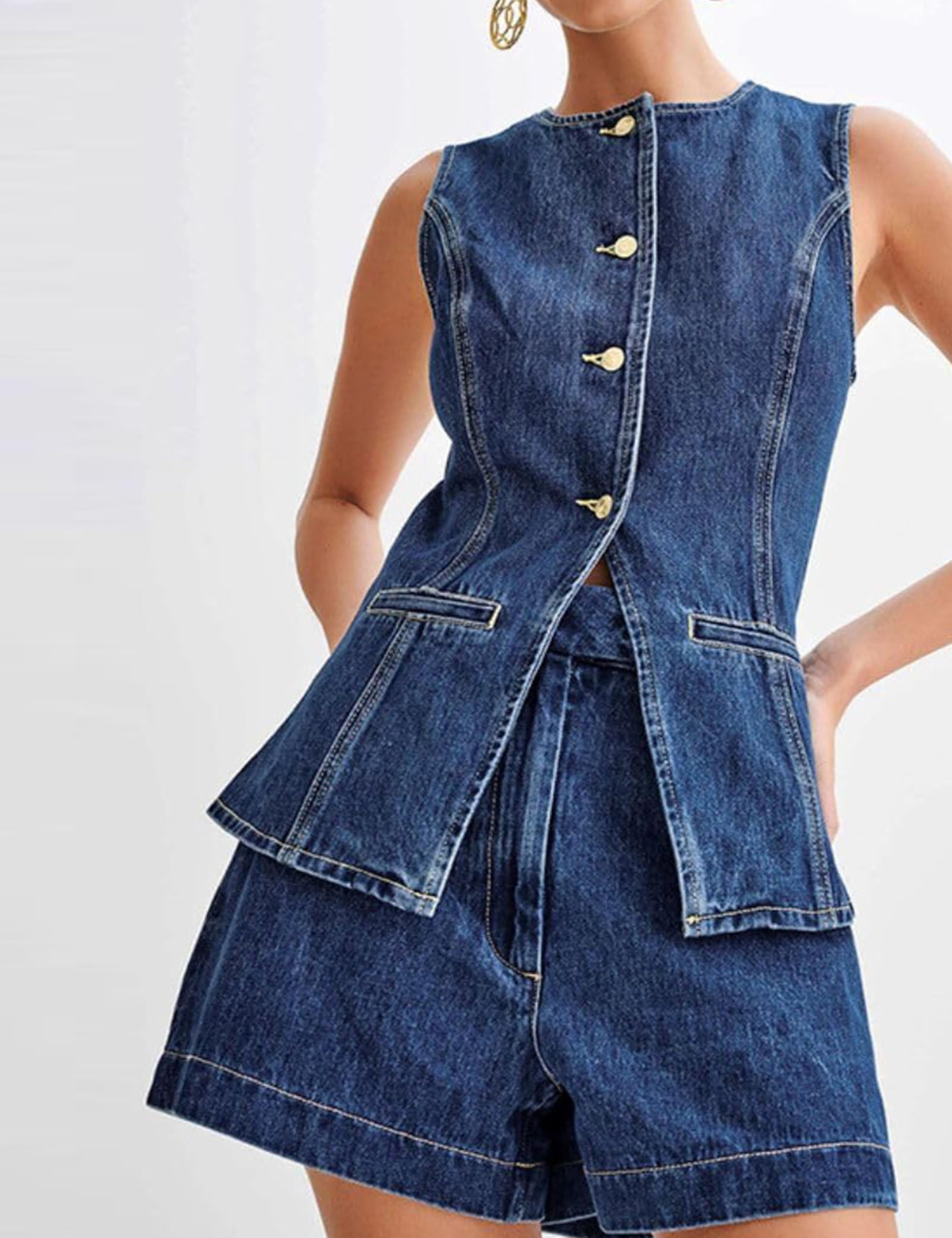 Stylish Women's 2-Piece Denim Set - Sleeveless Blazer Vest & Shorts Outfit | Business Casual & Summer Streetwear | Perfect for Office, Dating & Vacation