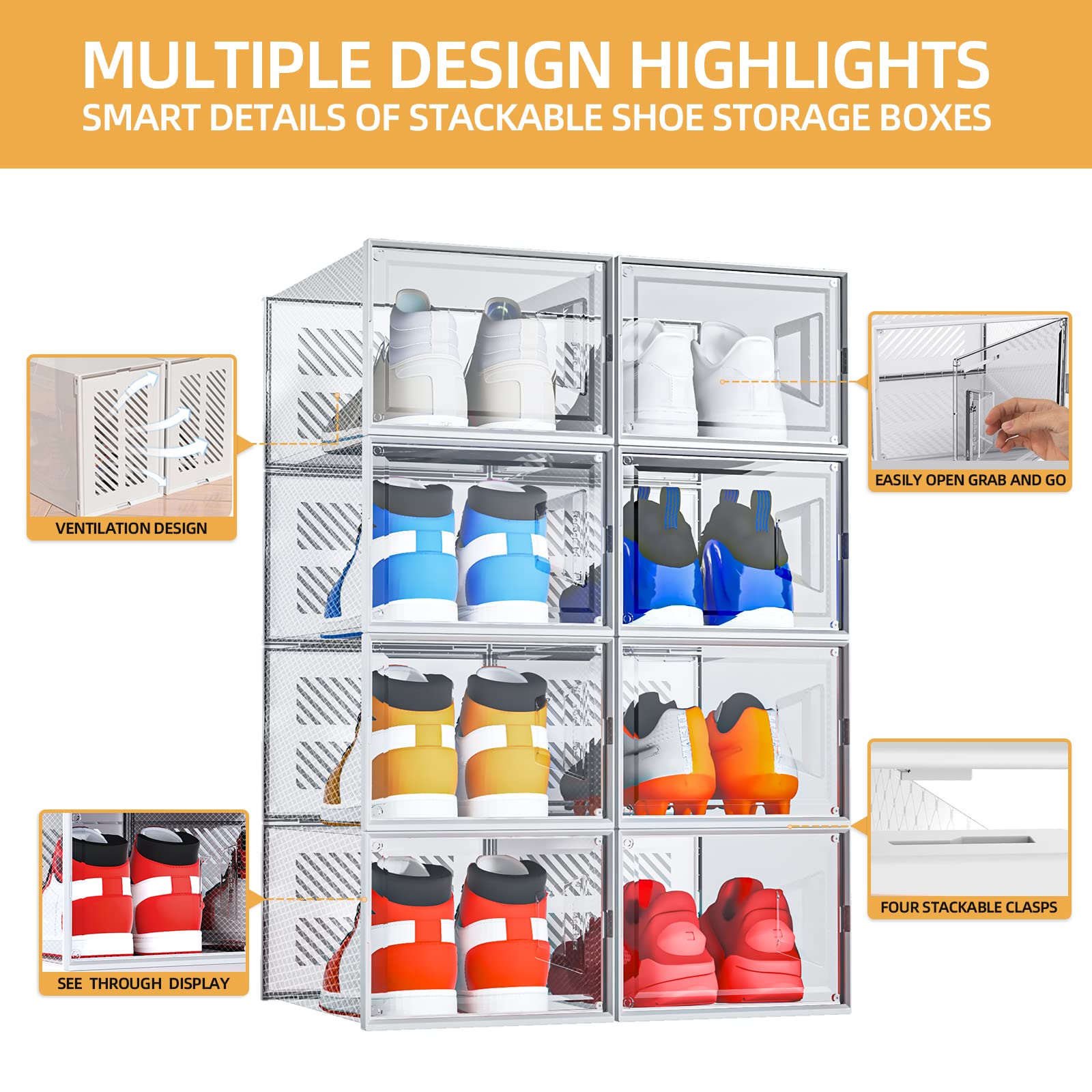 XX-Large Foldable Shoe Storage Boxes (8-Pack) - Clear Plastic Stackable Shoe Organizer for Closet | Sneaker Display Case for Sneakerheads | Boot & Shoe Rack Bin | Fits US Size 14 Men/Women | Perfect for Bedroom, Walk-in Closet & Shoe Collection Organization
