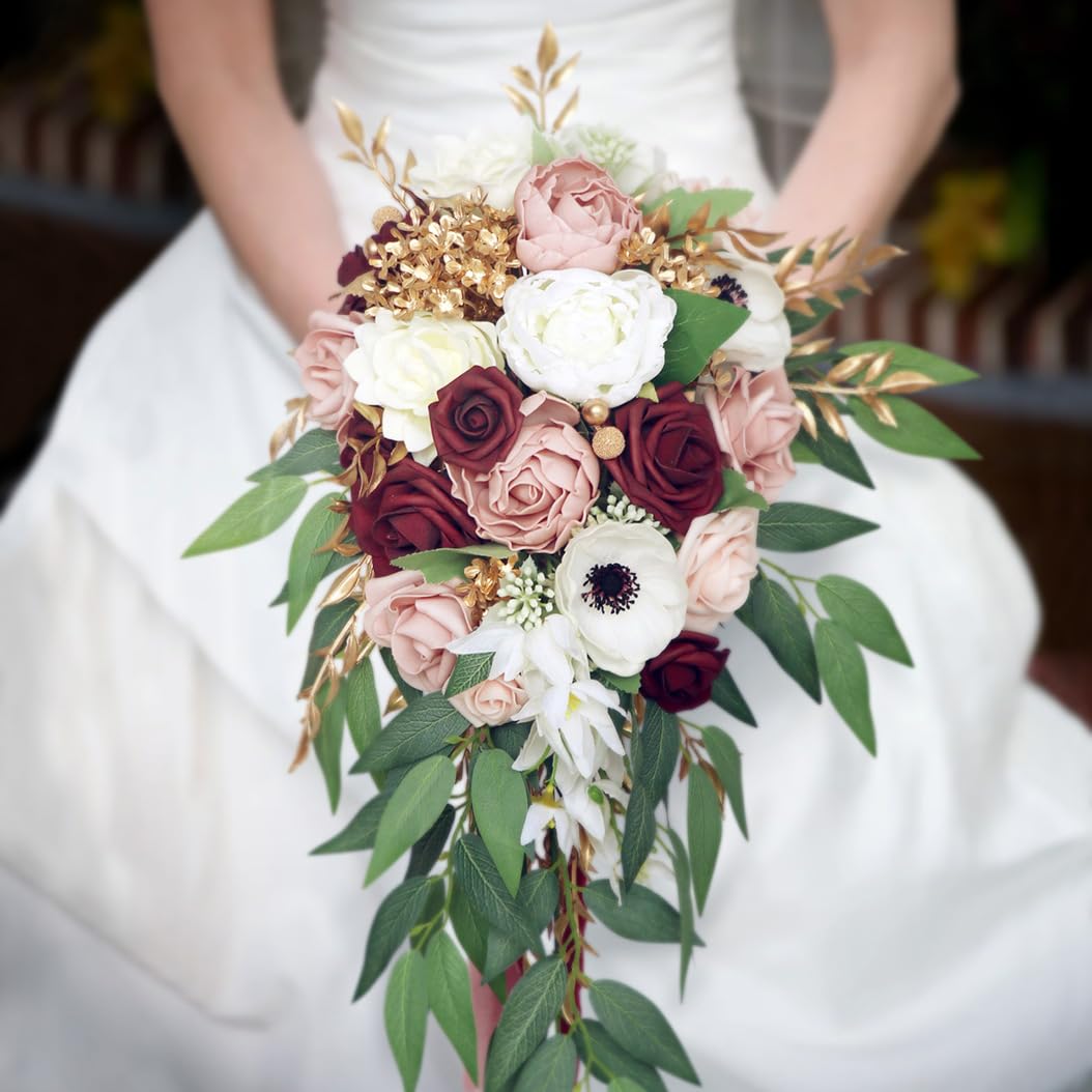 Artificial Calla Lily & Rose Cascading Bridal Bouquet - 10 Inch Burgundy White Roses & Purple Calla Lilies with Real Touch Eucalyptus - Satin Ribbon Handle Wedding Flowers for Bridal Shower, Ceremony & Home Decor