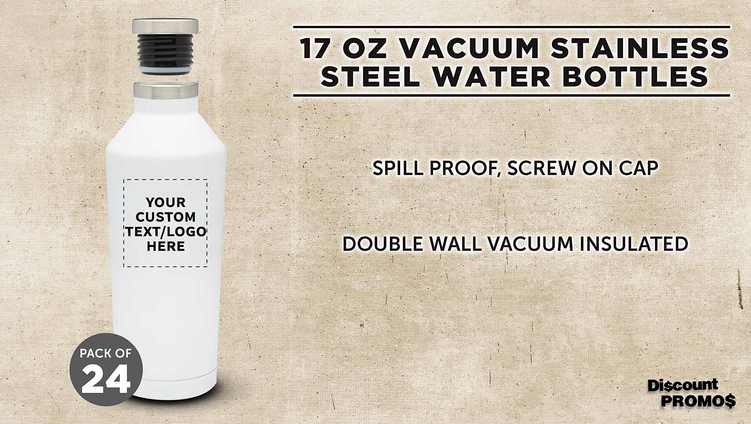 Custom Stainless Steel Water Bottles 17 oz (Set of 24) - Double Wall Insulated, Personalized Bulk Pack - Keeps Hot & Cold Beverages Perfect - Ideal for Coffee, Soda, Gym, Office & Outdoor Activities - White