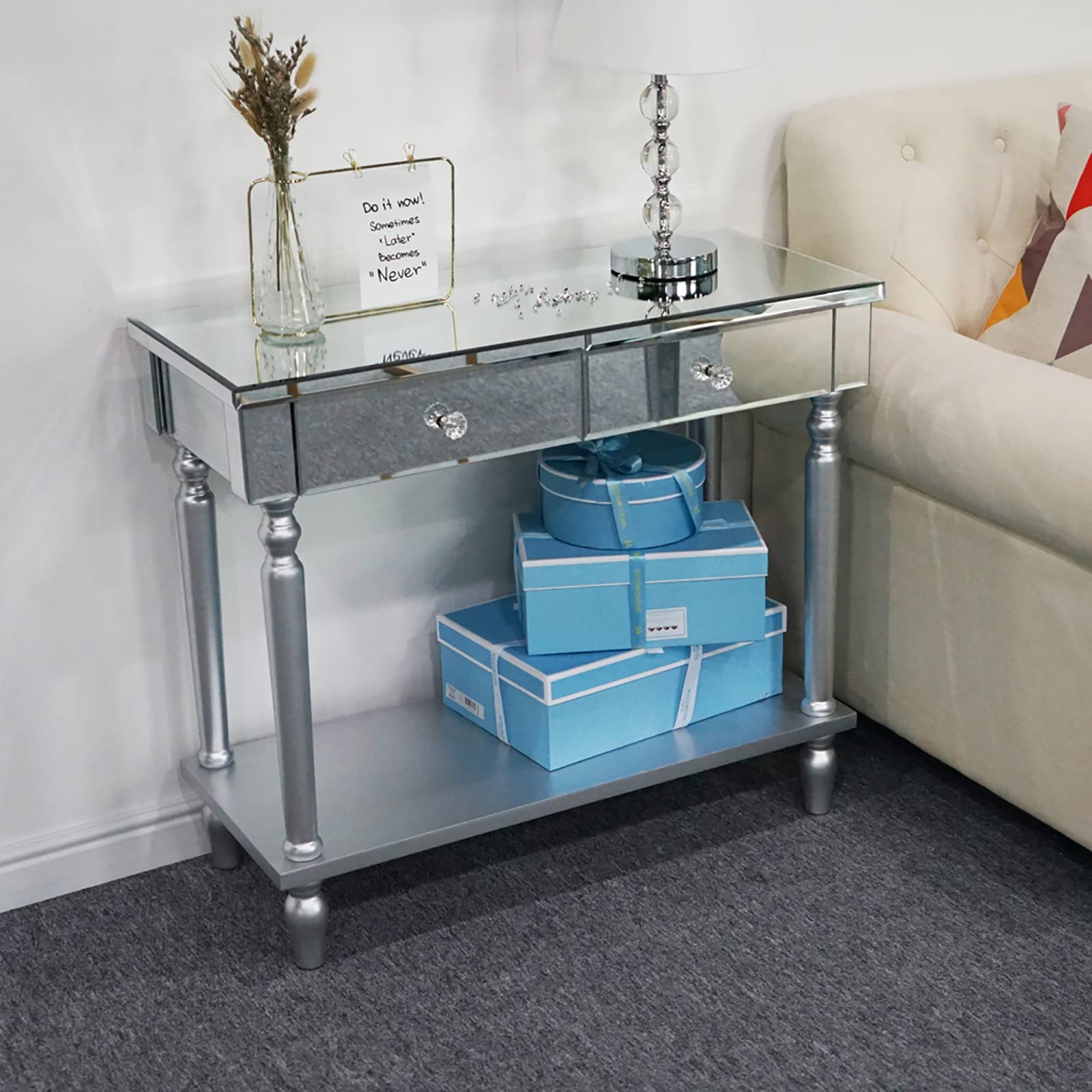 2 Drawers with Shelf Mirror Dressing Table - White Vanity Desk with Crystal Knobs for Makeup, Home Office & Bedroom - Elegant Console Table for Women, Smooth Finish, Versatile for Living Room & Entryway