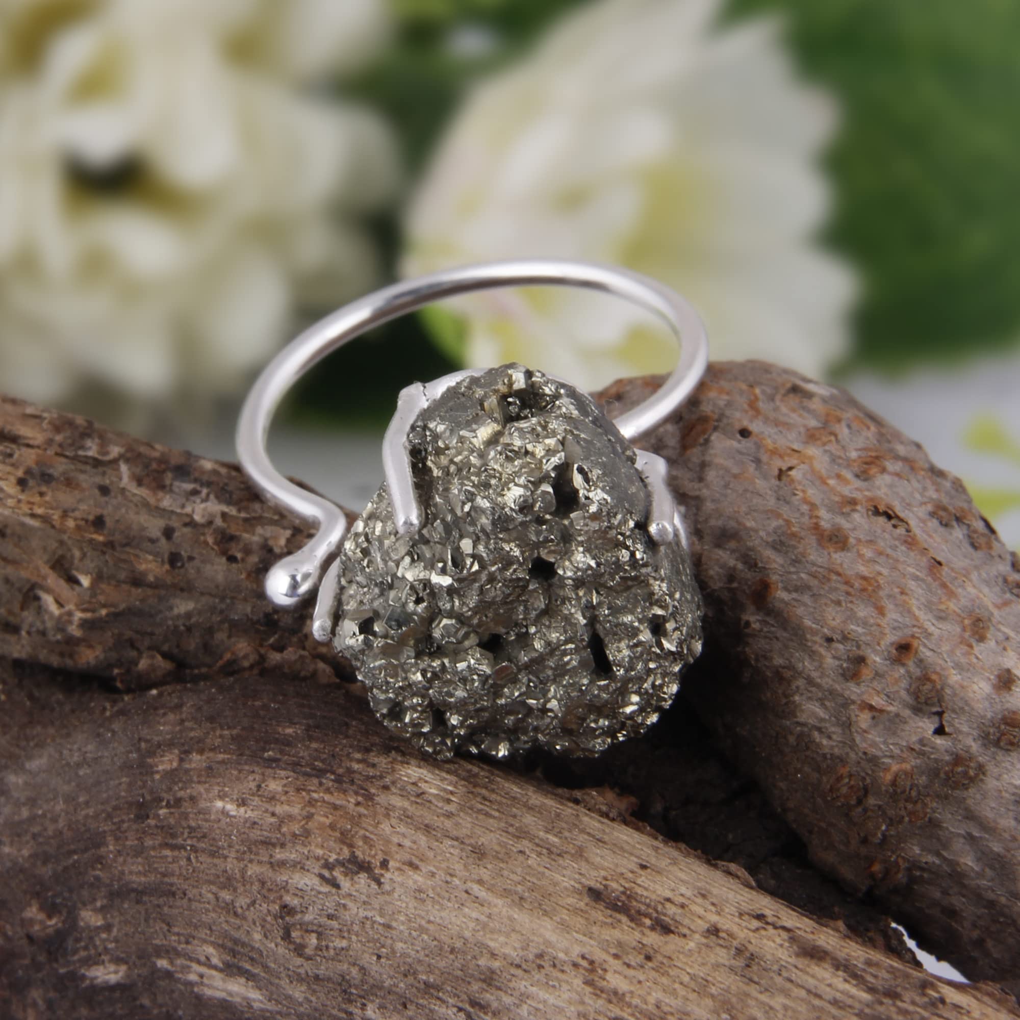 Natural Raw Pyrite Stacking Ring - Minimalist Boho Chic Rustic Jewelry for Women | Modern Adjustable Prong Ring Set of 5 | Perfect for Layering, Everyday Wear & Unique Gifts