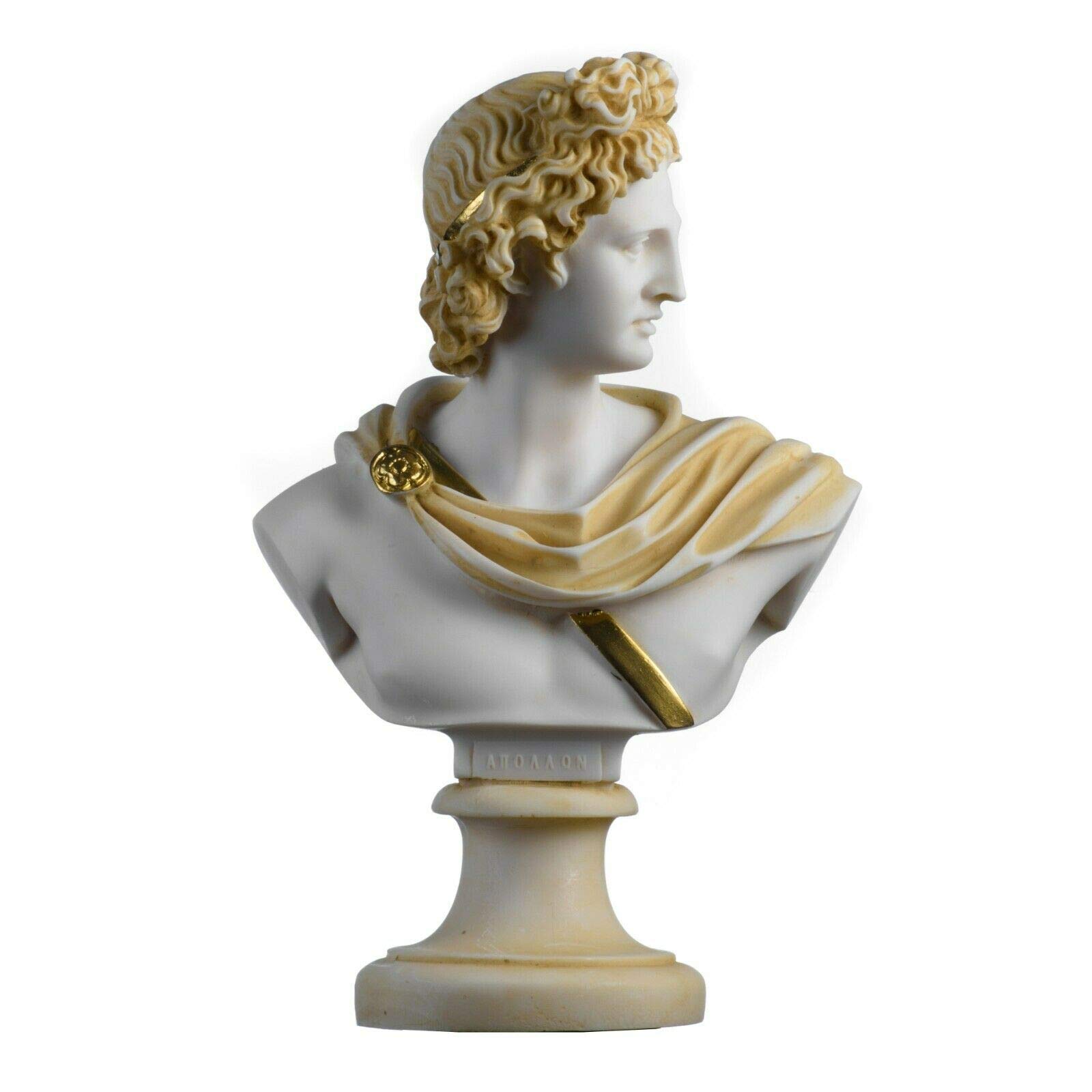 Apollo Greek God of Music Poetry & Art Alabaster Stone Bust Sculpture with Gold Tone - 8.66