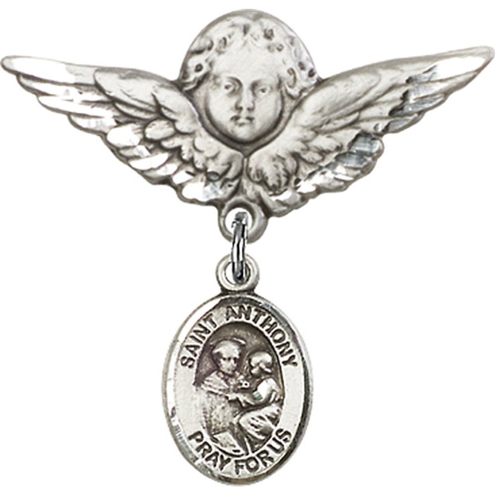 Sterling Silver Baby Badge with St. Anthony of Padua Charm & Angel Wing Pin - Religious Jewelry for Baptism, Christening & First Communion Gifts