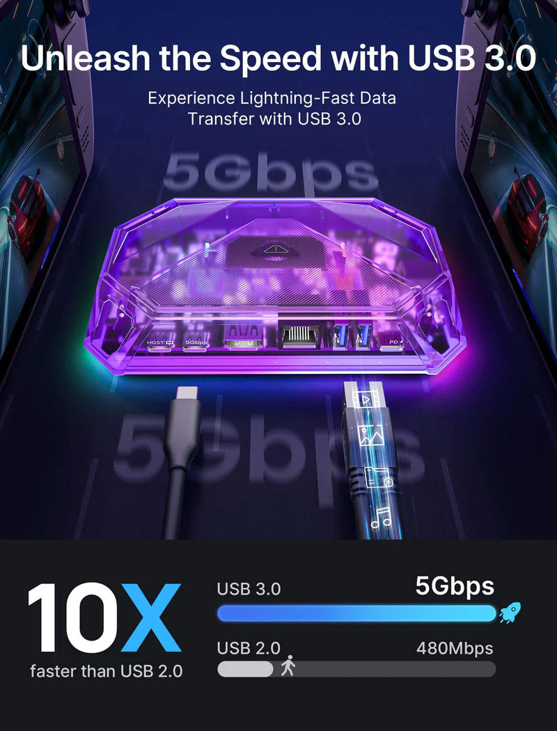 JSAUX 8-Port USB Hub with RGB Lighting - Portable USB 3.0 Docking Station for Laptop, PC, MacBook (Clear Purple) | Perfect for Gaming Setup, Home Office & Multi-Device Charging