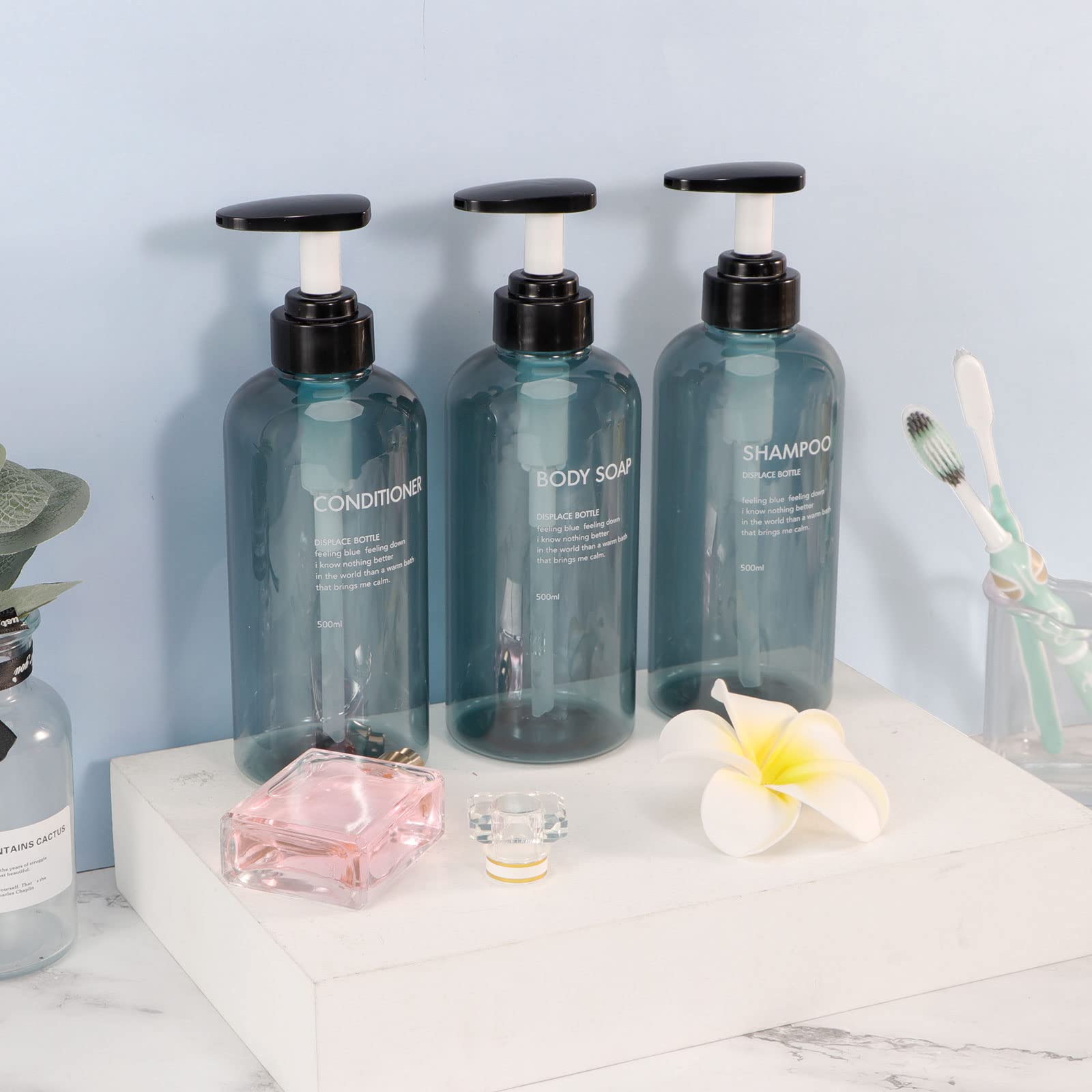 Yeeco 3 Pack 16.9oz/500ml Clear Blue Shampoo & Conditioner Dispenser Bottles with Pump - Refillable Plastic Pump Bottles for Bathroom, Kitchen, Hotel - Perfect for Shower Organizer, Salon Supplies & Travel Toiletries Storage