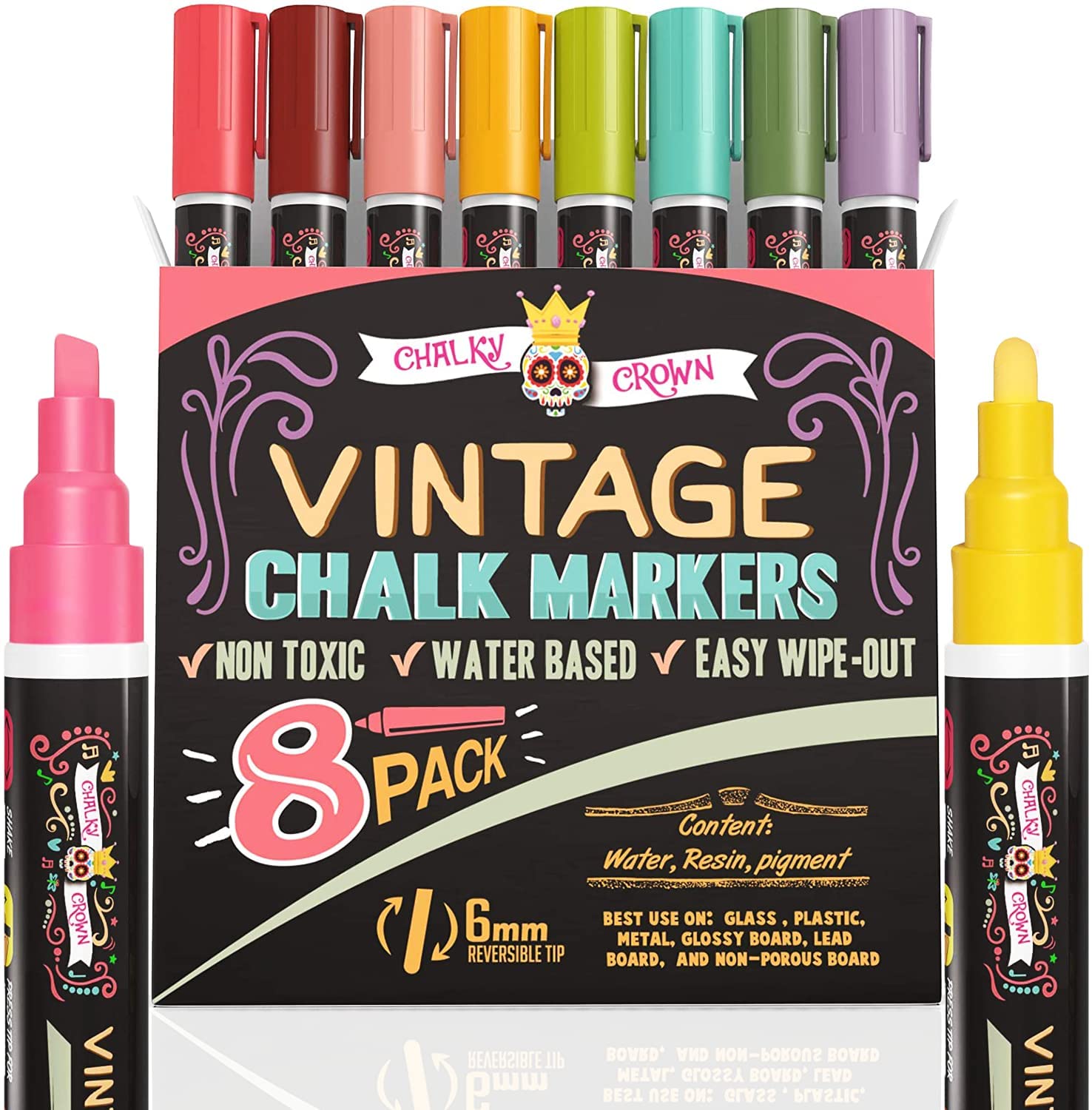 CHALKY CROWN Liquid Chalk Markers - 8 Pack Dry Erase Markers with Reversible Tip for Chalkboards, Signs, Windows, Glass & Blackboards - 6mm Vintage Style - Perfect for Restaurants, Classrooms, Offices & DIY Projects