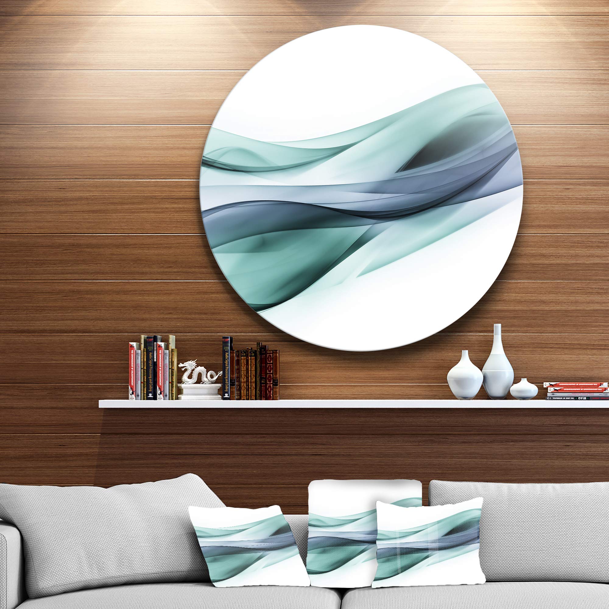 DesignArt Round Metal Wall Art - Fractal Lines Grey Blue Abstract Decor for Living Room, Bedroom & Office | Modern Home Decor