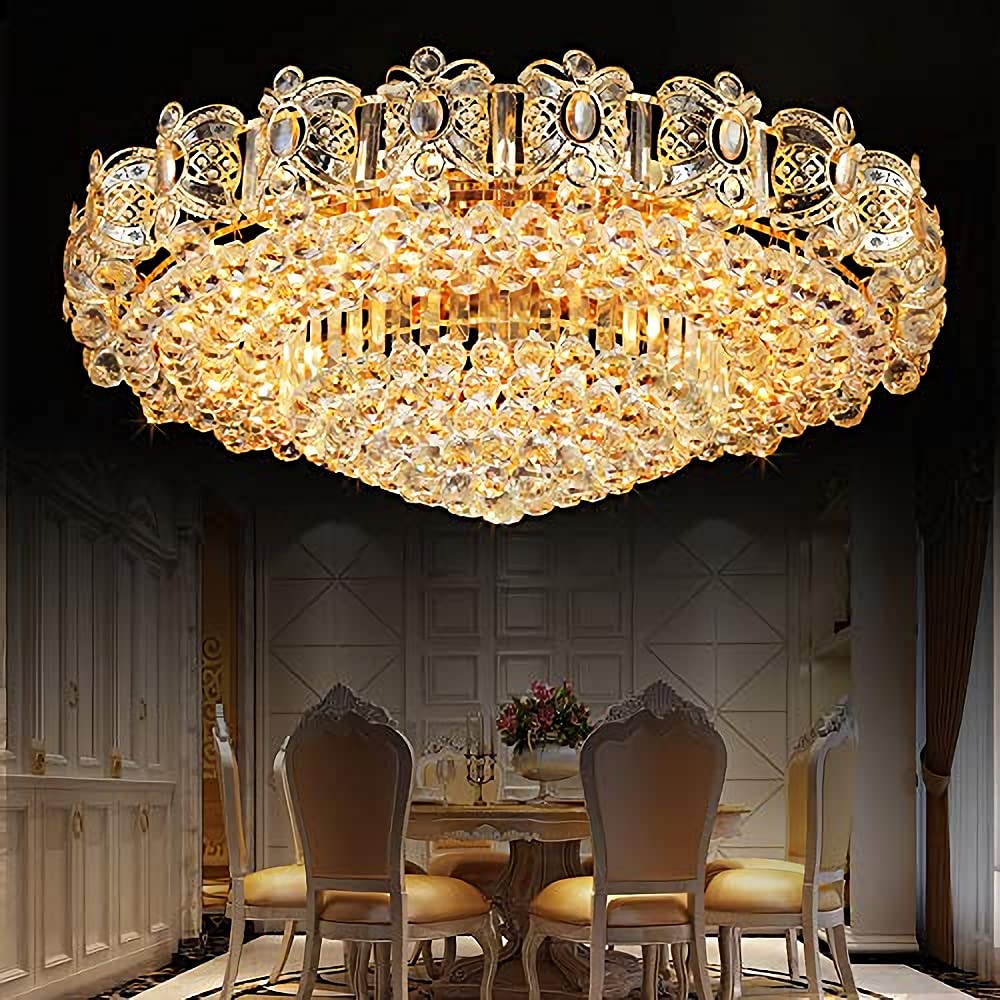 KALRI Modern K9 Crystal Gold Chandelier Flush Mount LED Ceiling Light Fixture - 15.8 Inch Diameter - Elegant Lighting for Living Room, Dining Room, Bedroom, Restaurant & Hallway - Perfect for Home Decor, Wedding Venues and Luxury Interior Design