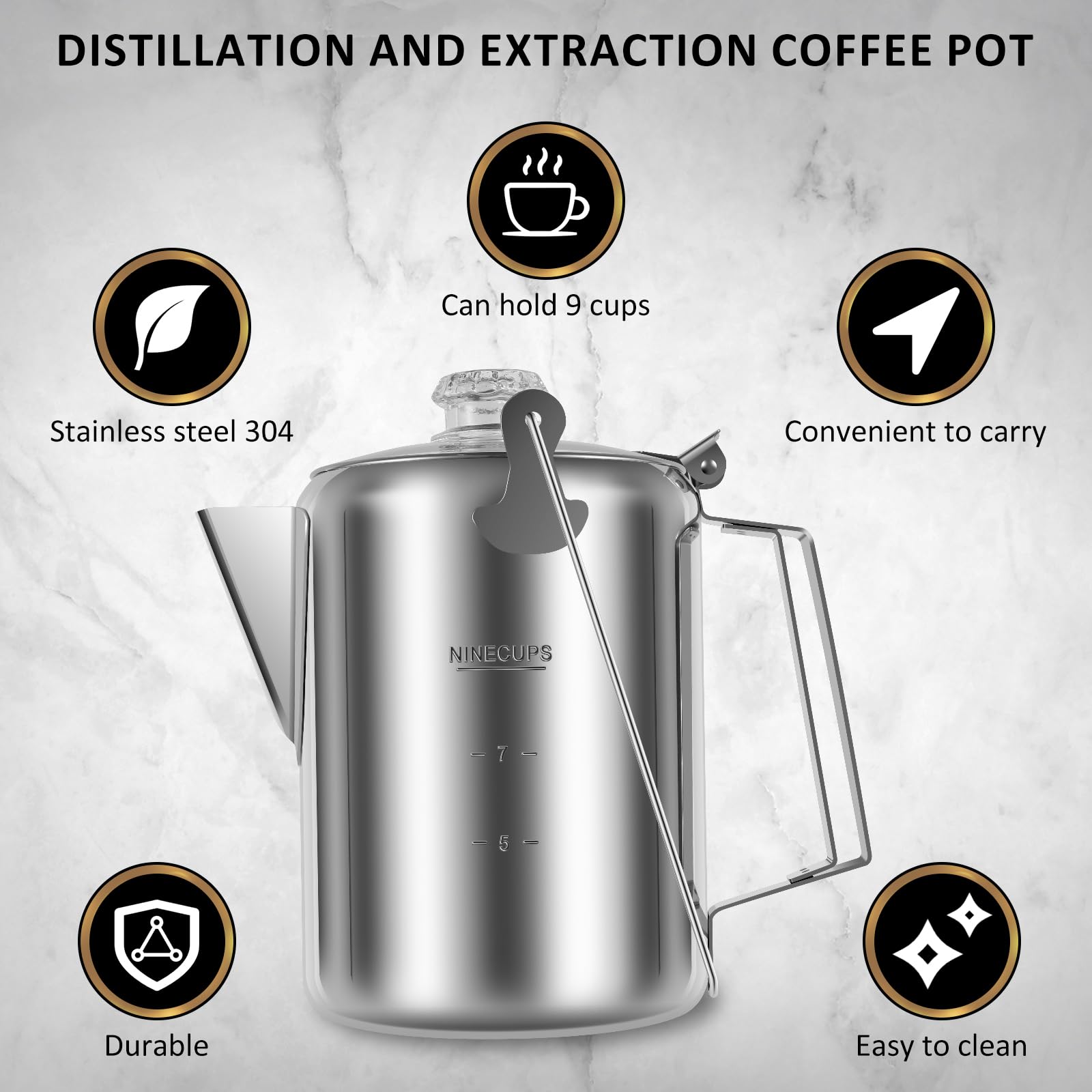 Stainless Steel Camping Coffee Pot - 9 Cup Percolator for Outdoor, Hiking & RV Travel