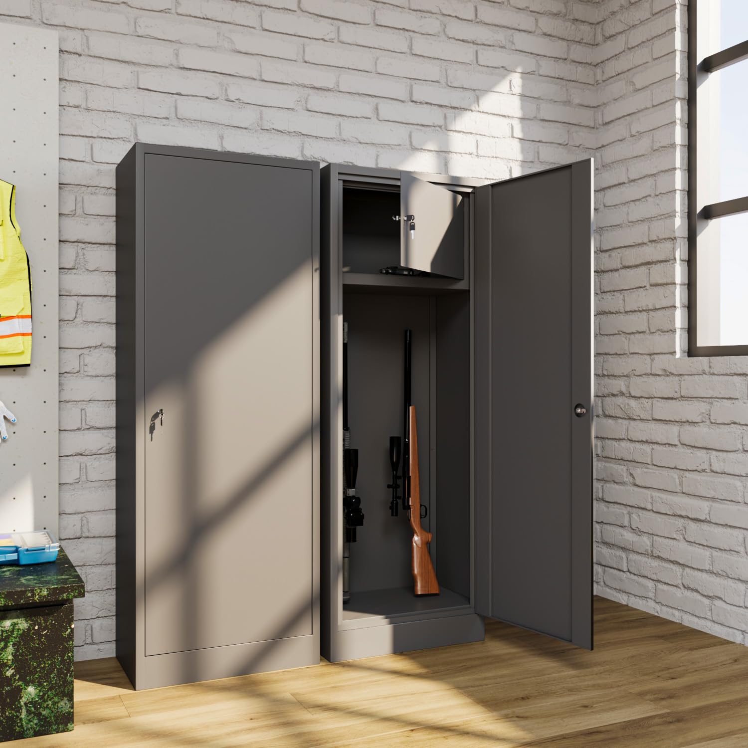 10-Gun Safe Cabinet with Lock & Treasure Drawer - Heavy Duty Steel Security Storage for Rifles & Shotguns (148x53.5x32cm, Dark Grey) - Perfect for Home Defense, Hunting Gear Organization & Firearm Safety Compliance