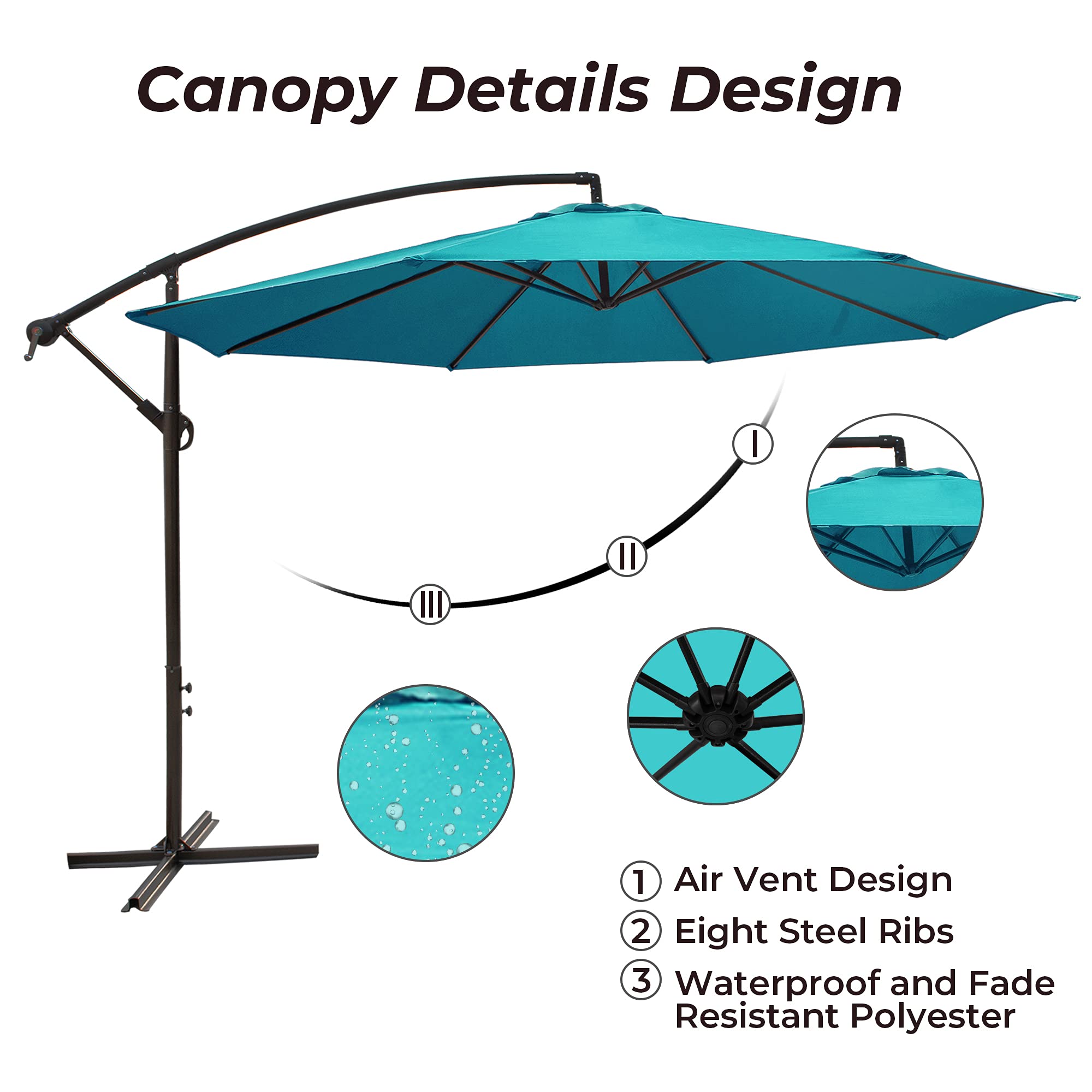 10FT Offset Cantilever Patio Umbrella with Crank & Cross Base - Turquoise Outdoor Market Umbrella for Backyard, Poolside, Garden - Perfect for Shade by LAUREL CANYON