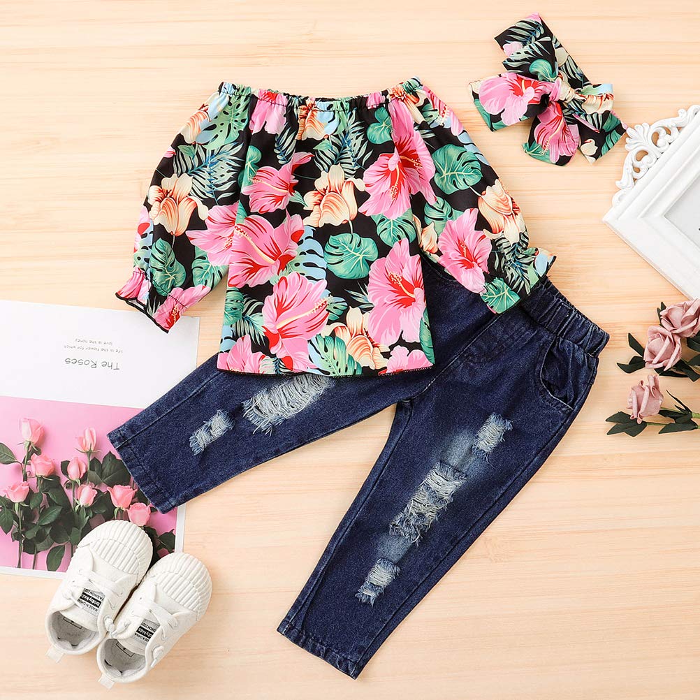 Little Girls Off Shoulder Ruffle Plaid Top & Distressed Jeans Outfit Set - Cute Toddler Summer Playdate & Photo Shoot Clothes
