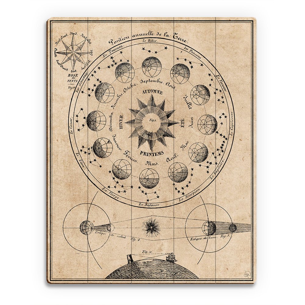 Antique French Sun & Earth Position Line Drawing - Vintage Wall Art Print on Wood | Tan Paper Goat-Themed Décor for Home & Office