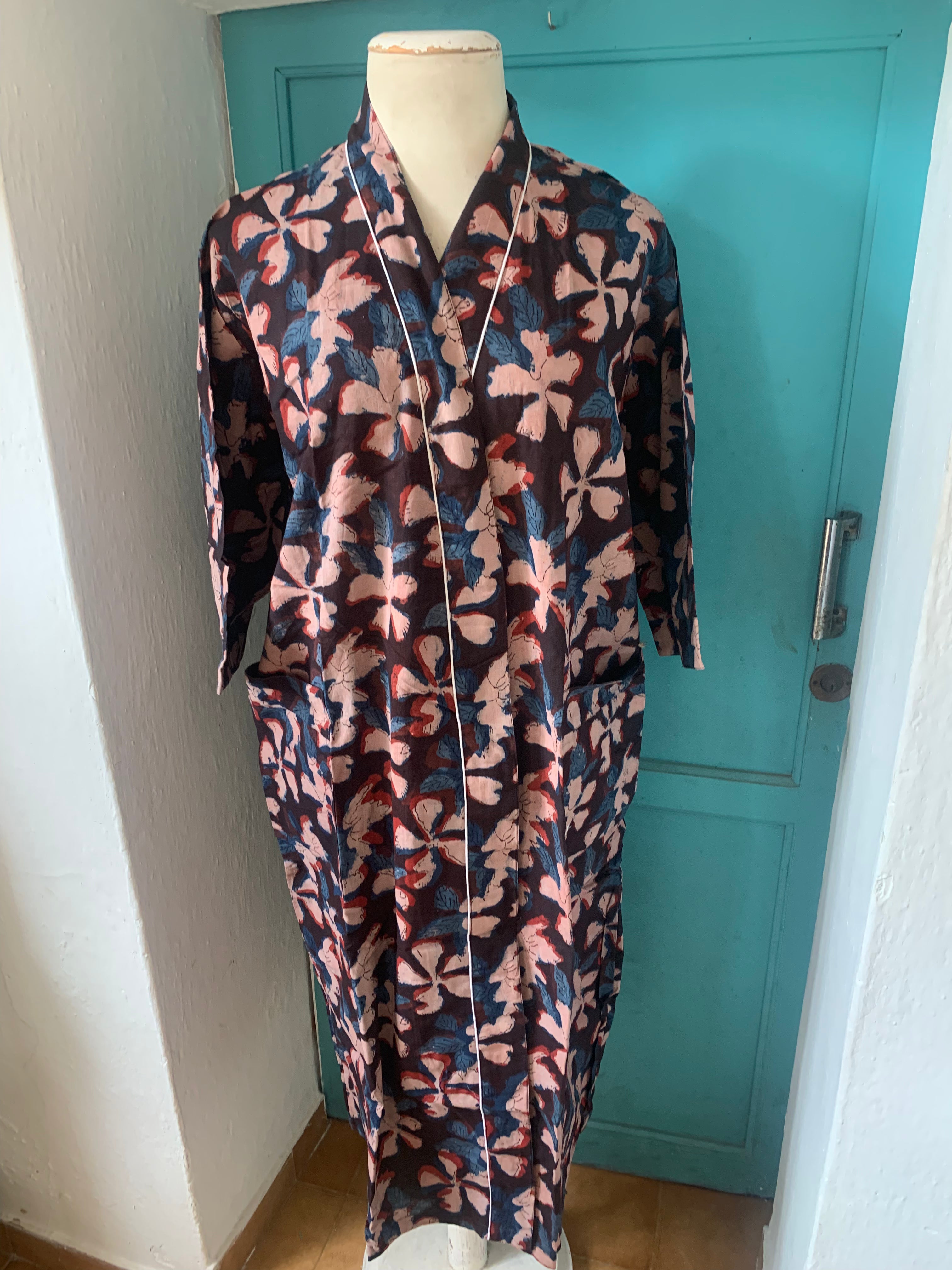 Japanese Kimono Robe - Happy Block Print Cotton - Perfect for Loungewear, Yoga & Spa Relaxation