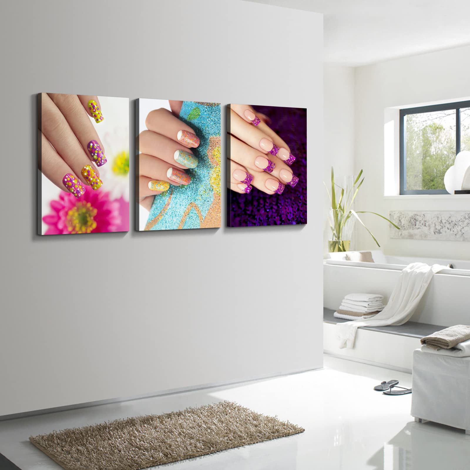 Denozer Salon Nail Room Wall Decor - 3 Panel Canvas Wall Art for Nail Studios, 32x48 Inch Ready-to-Hang Beauty Studio Decor - Perfect for Manicure Salons, Spa Rooms & Makeup Studios