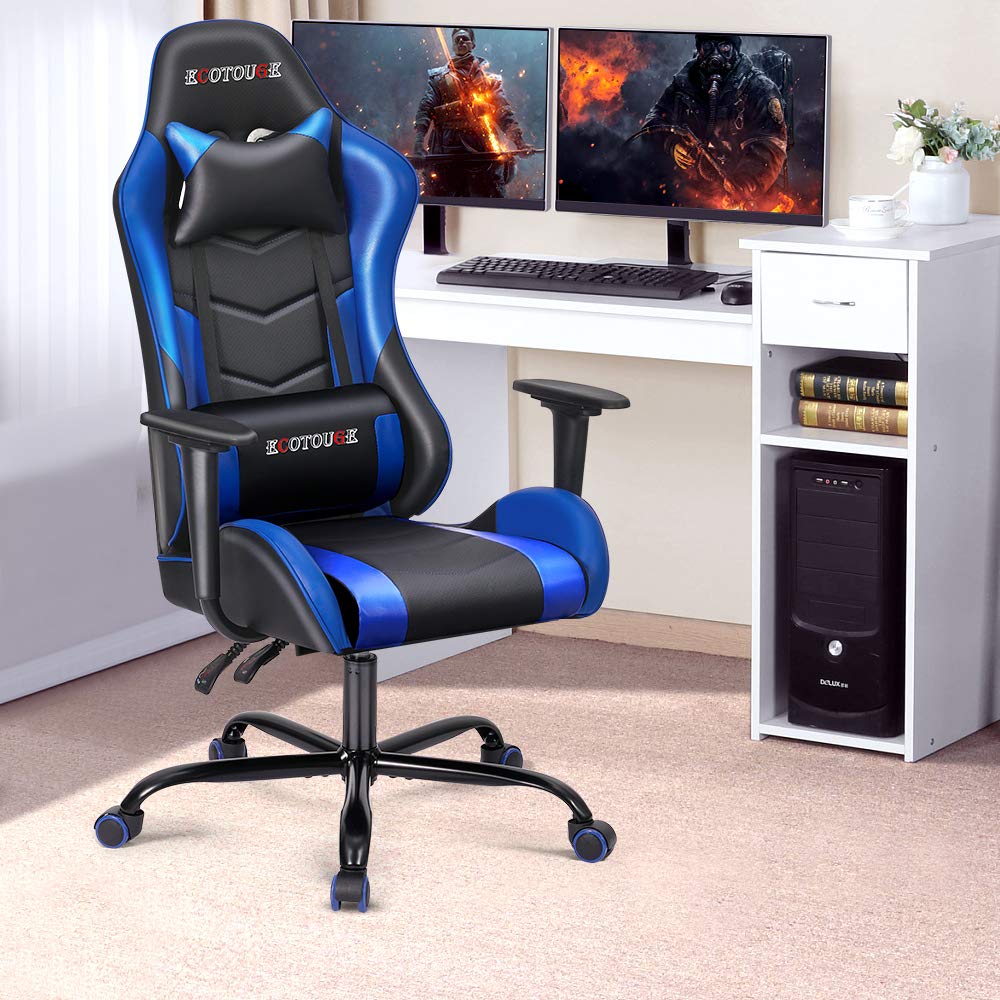 Premium ECOTOUGE Ergonomic Gaming Chair - Adjustable Headrest & Lumbar Massage Pillow - PU Leather Racing Style Office Desk Chair with 360° Swivel & Recliner - Black & Blue - Perfect for Esports, Streaming & Home Office Workstations