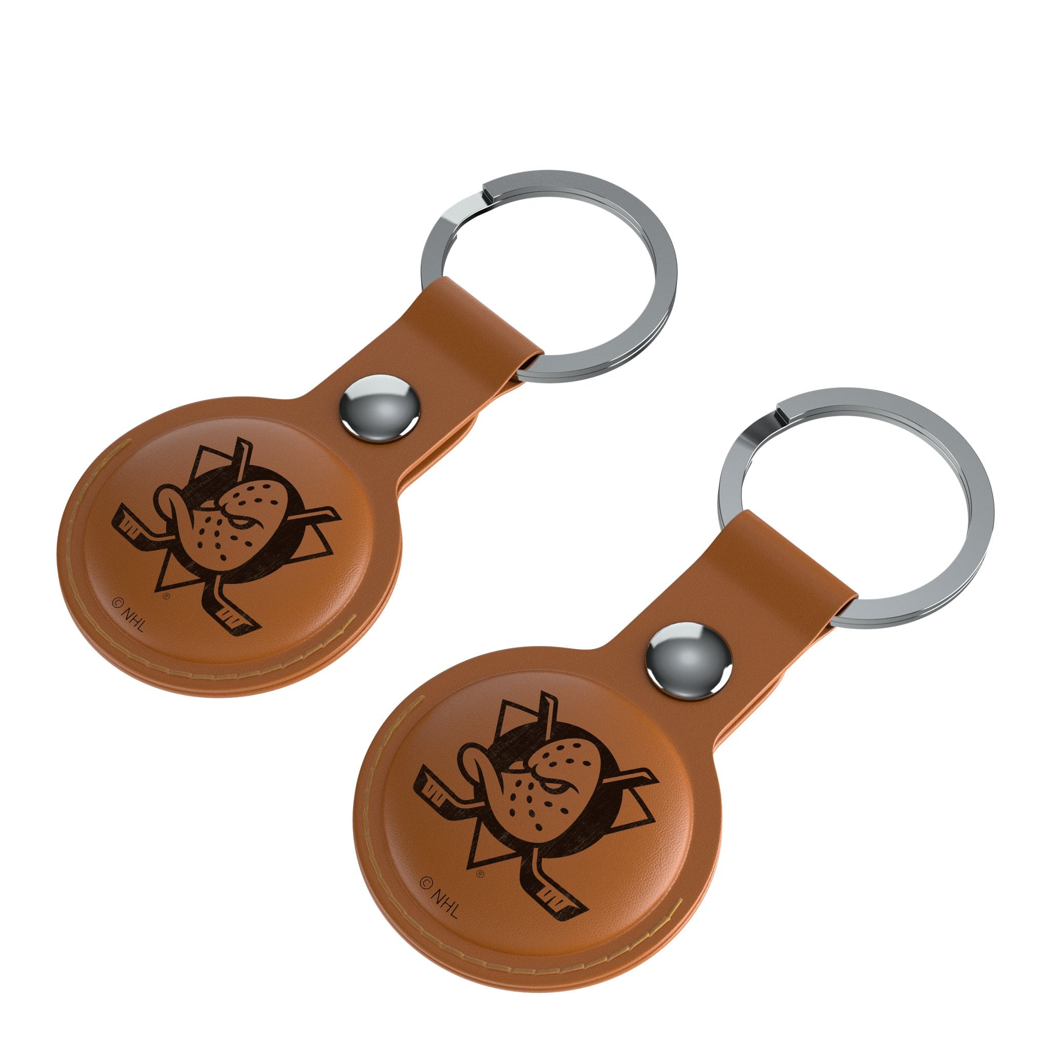 Anaheim Ducks NHL Hockey Team Logo Brown Leather AirTag Holder 2 Pack - Perfect for Keys, Wallets & Backpacks Tracking