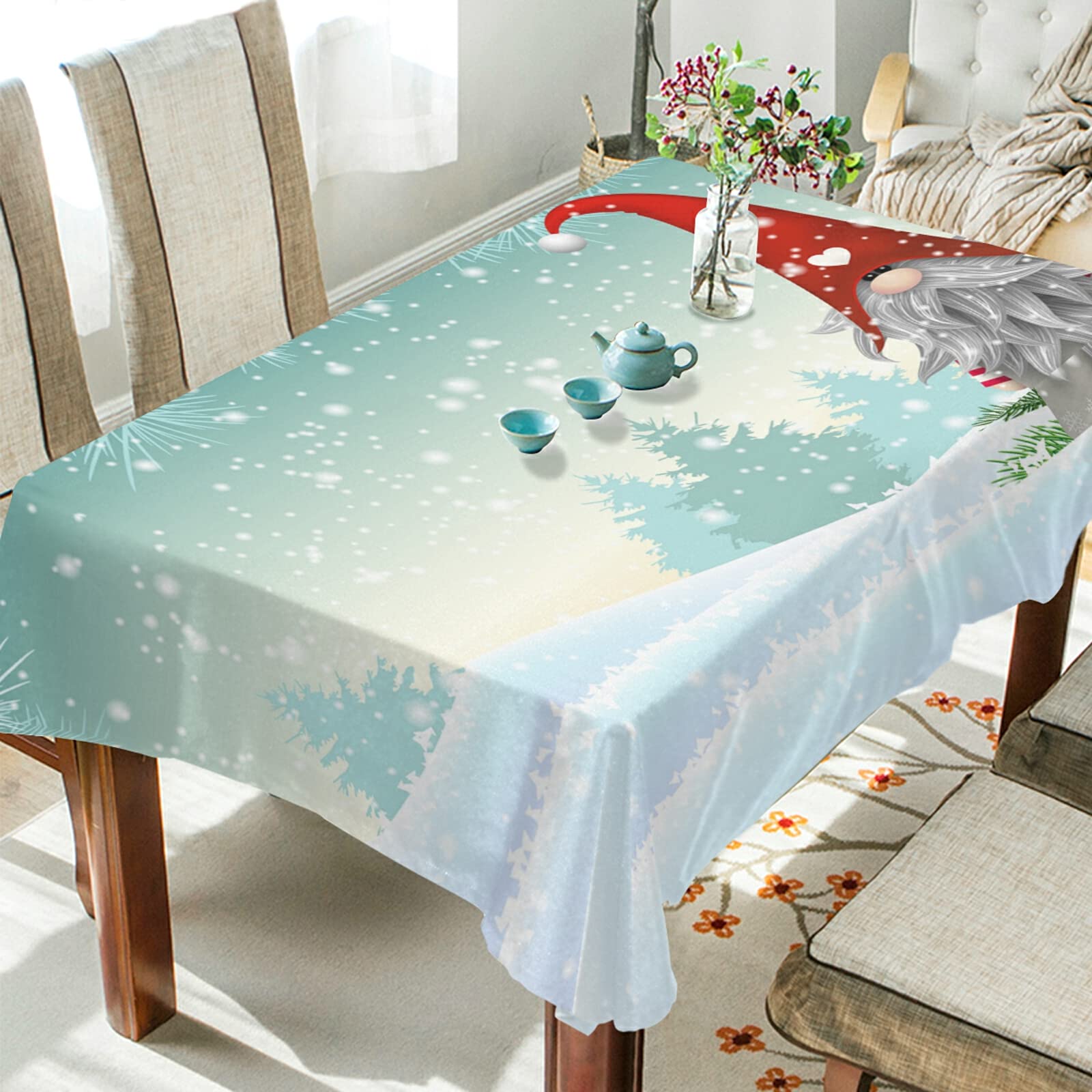 Scandinavian Christmas Gnome Winter Snow Tablecloth - 54 x 72 Inch Polyester Rectangle Table Cover for Holiday Party Decor, Dinner Table Setting & Festive Home Decoration