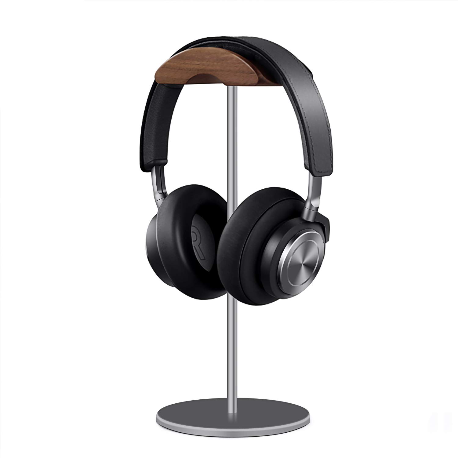 Premium Walnut Wood & Aluminum Headphone Stand - Heavy Base Gaming Headset Holder for All Sizes (Gray) | Perfect for Desk Organization, Gaming Setup & Home Office Accessories