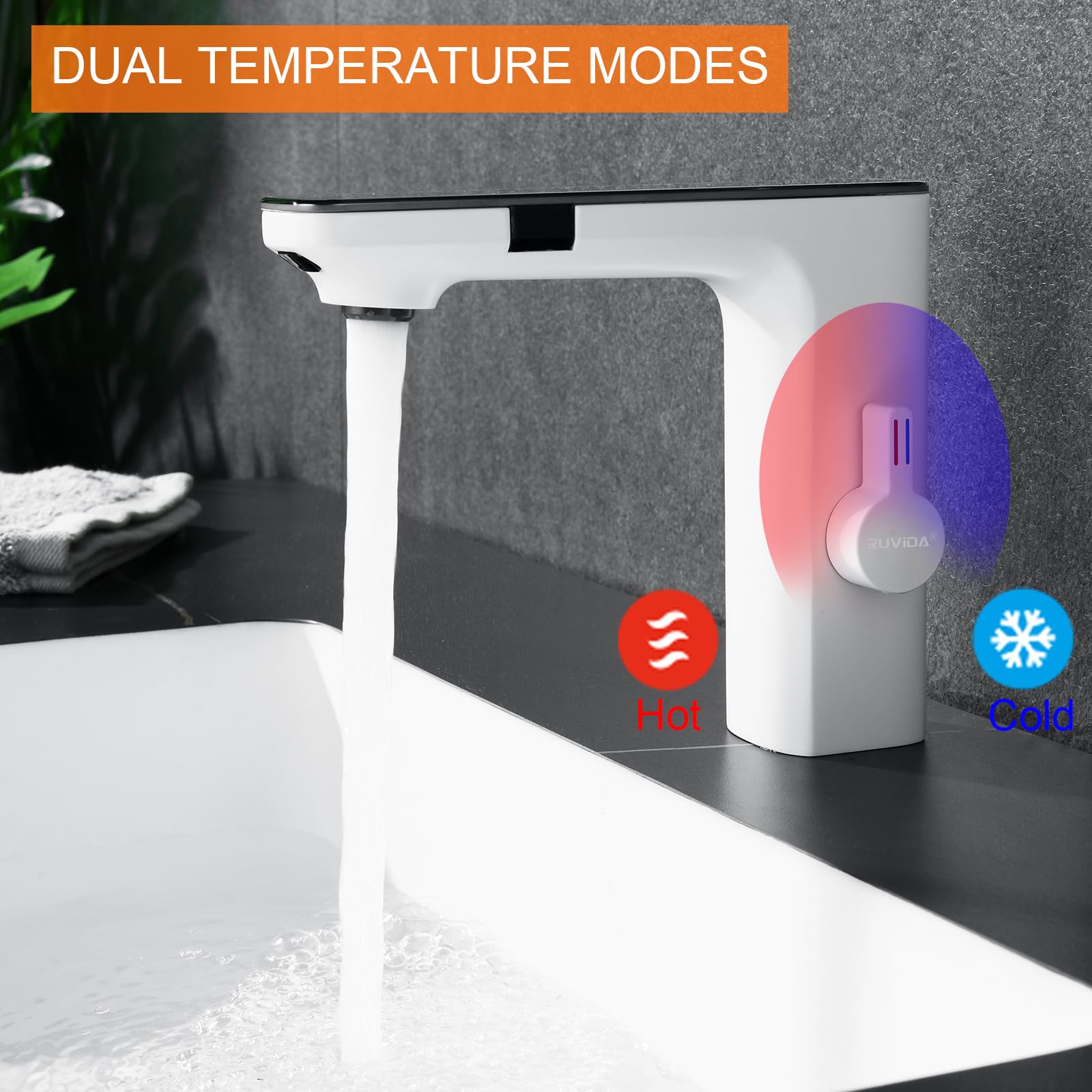 RUVIDA Smart Sensor Bathroom Faucet with Digital Temperature Display - Single Hole Waterfall Basin Faucet for Bathroom Sink - Modern White Touchless Faucet for Home, Hotel, and Public Restrooms