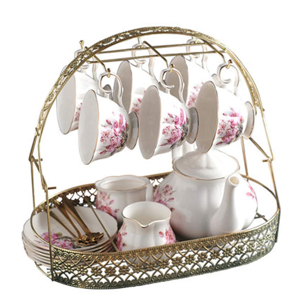 Floral Ceramic Coffee and Tea Set - 6 Cups with Saucers, Spoons, Teapot, Sugar Bowl & Cream Pitcher - 13.7x12.2x9.8 Inch Porcelain Afternoon Tea Party Set for Home, Cafe or Bridal Shower