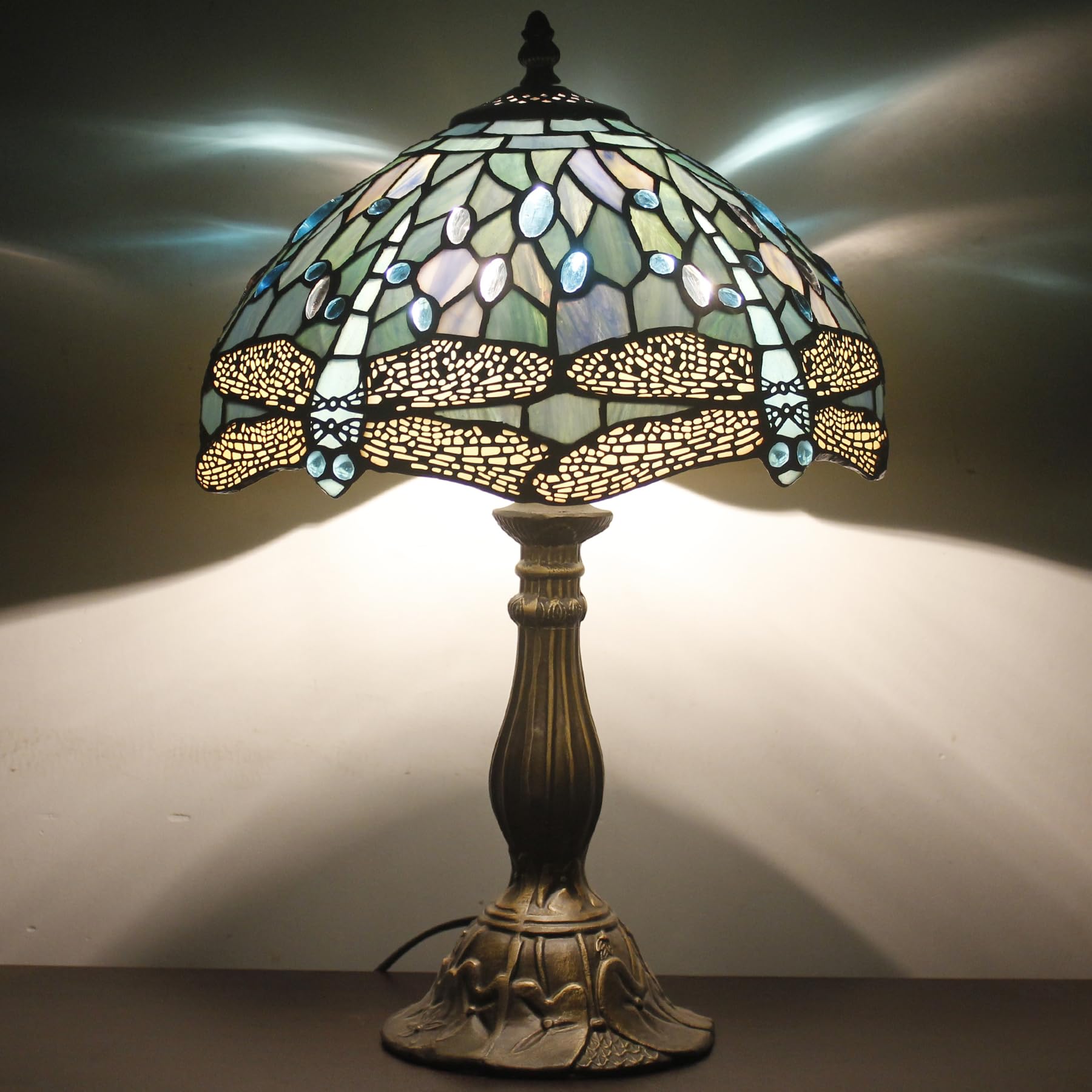Tiffany Style Table Lamp 12x18 Inch with LED Bulb - Sea Blue Stained Glass Dragonfly Shade & Antique Base - Desk Lamp for Reading, Living Room, Bedroom, Study or Bar - Perfect Home Decor and Gift Idea for Art Lovers