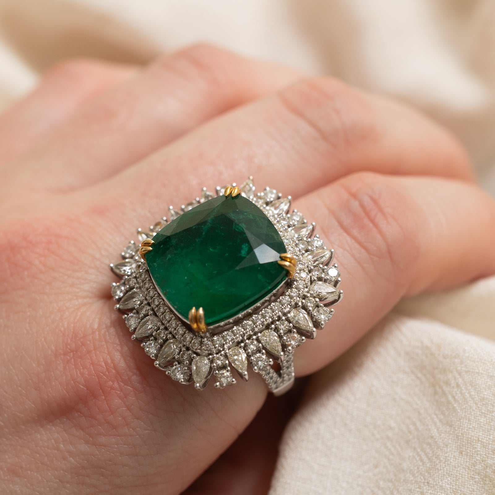 18K White Gold Emerald and Diamond Cocktail Ring - 17.37ct Emerald & 1.87ctw Diamonds - Size 7.25 - Elegant Evening Wear & Special Occasion Jewelry