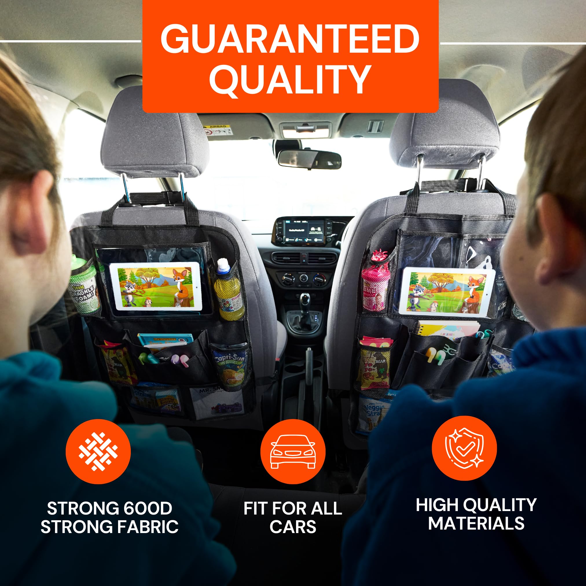 Backseat Car Organizer with Tablet Holder - 9 Storage Pockets & 4 Headrest Hooks - Kick Mat Back Seat Protector for Kids & Baby - Travel Accessories (2-Pack, Black) - Perfect for Road Trips & Family Travel