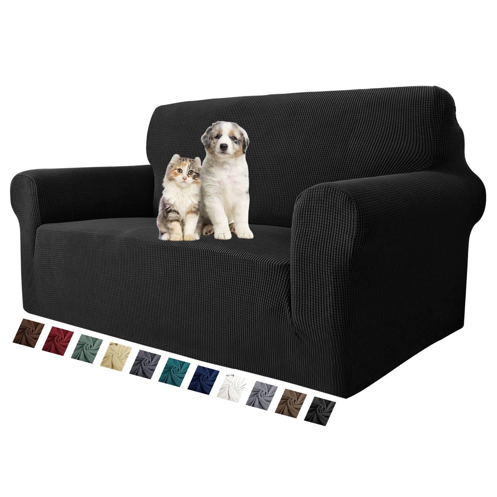 MAXIJIN Stretch Loveseat Sofa Slipcover - Washable, Non-Slip 2-Cushion Couch Cover - Pet Friendly Furniture Protector for Dogs & Cats - Perfect for Living Room, Apartment, Dorm (Black)