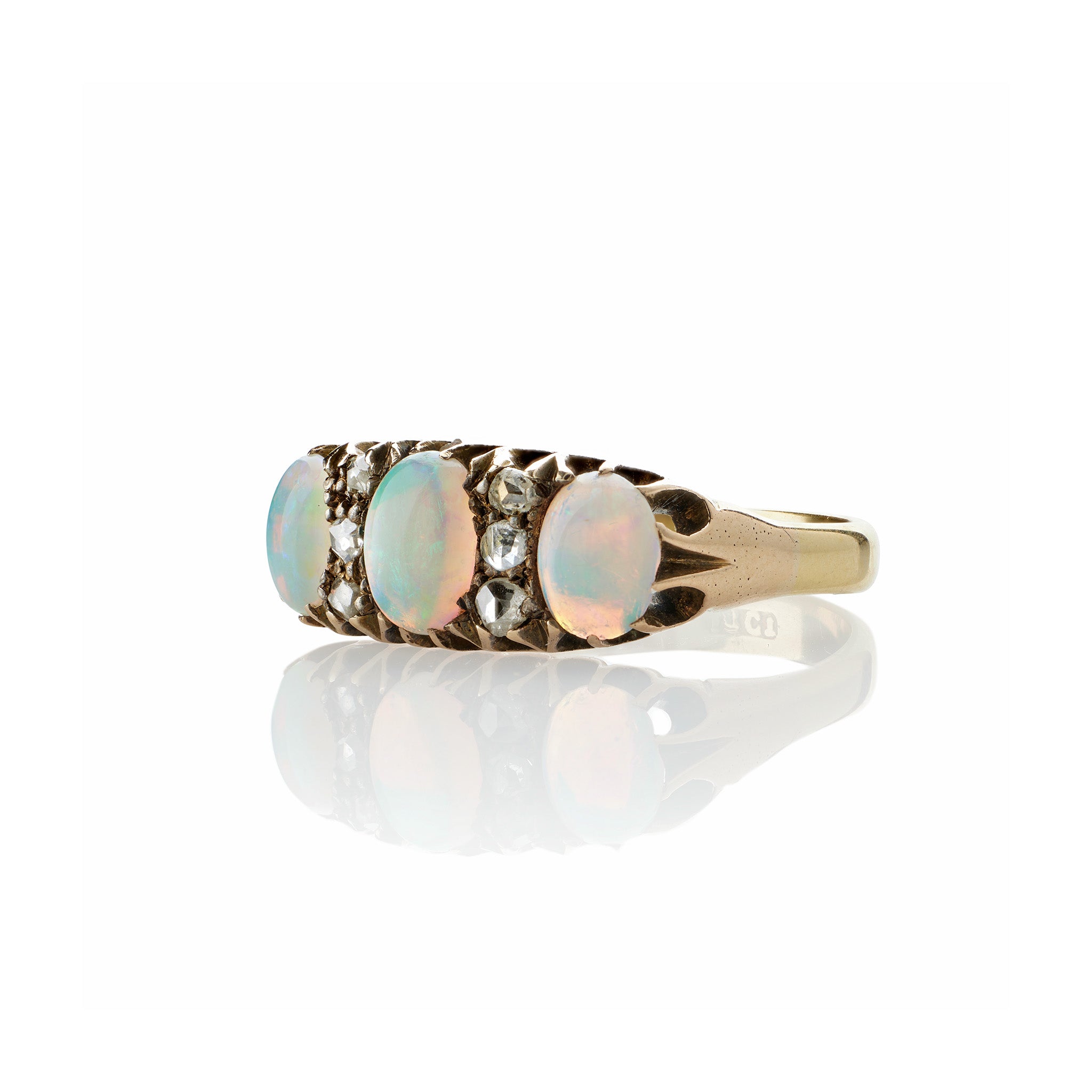 English Opal and Rose Cut Diamond Three Stone Ring - Elegant Vintage Jewelry for Weddings, Engagements & Special Occasions