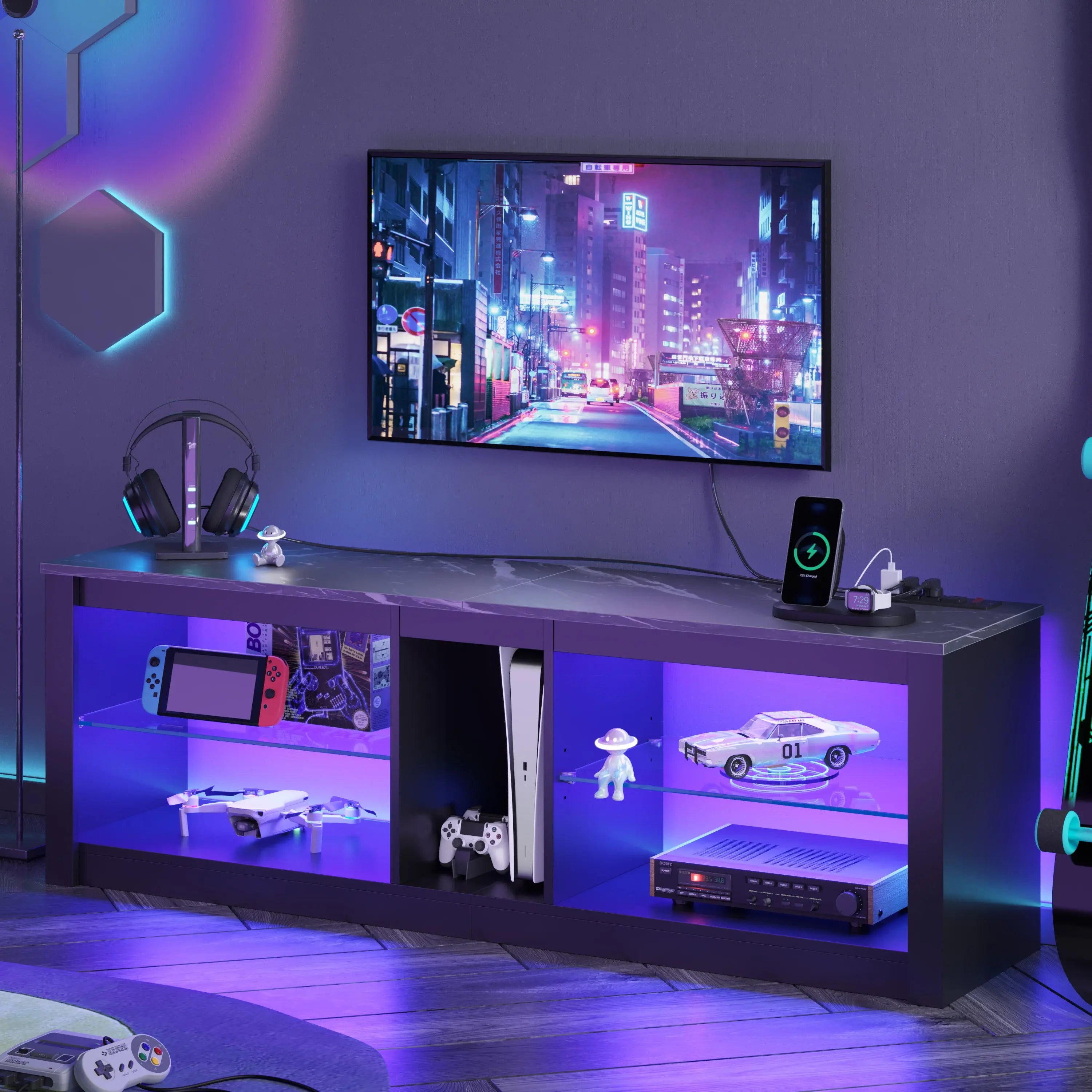 Bestier 55 Inch LED Gaming TV Stand with Power Outlet & USB Ports - Sturdy Entertainment Center for PS5, Xbox & Smart TVs - Perfect for Living Room, Bedroom & Game Room Setup