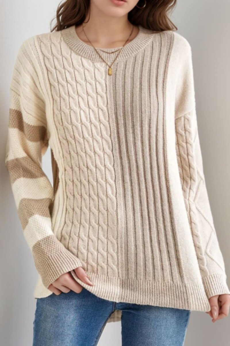 Women's Cable Knit Color Block Round Neck Sweater | Cozy Winter Pullover for Casual Outfits & Office Wear