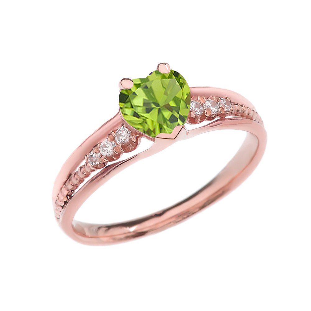 14K Rose Gold Diamond & Peridot Heart Beaded Promise Ring for August Birthdays - Perfect for Anniversaries, Engagements & Special Occasions