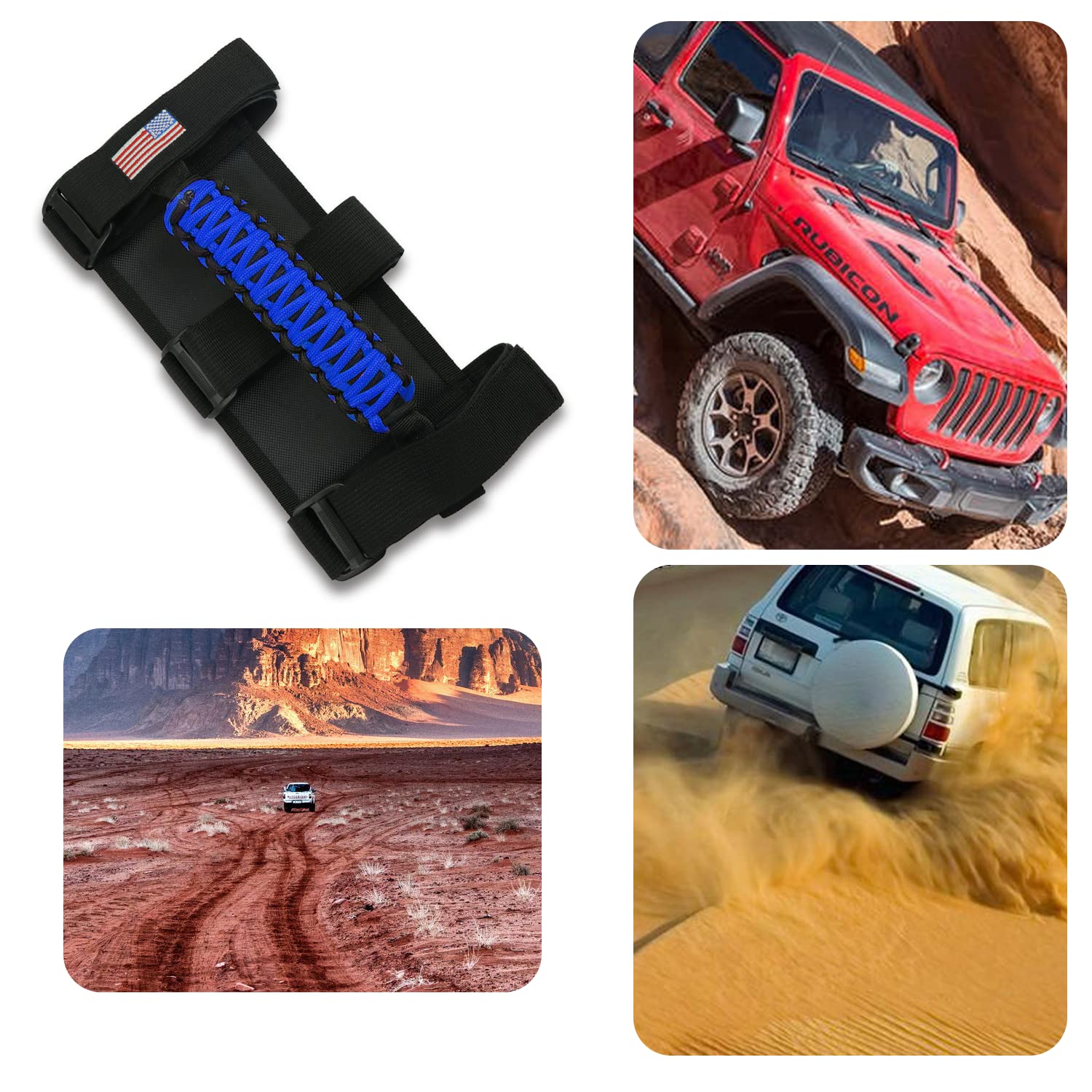 US Flag Roll Bar Grab Handle for Jeep Wrangler YJ TJ JK JKU JL JLU & Gladiator JT (1955-2023) - Heavy Duty Off-Road Accessories (Blue, 4PCS) - Perfect for Trail Riding & Jeep Enthusiasts