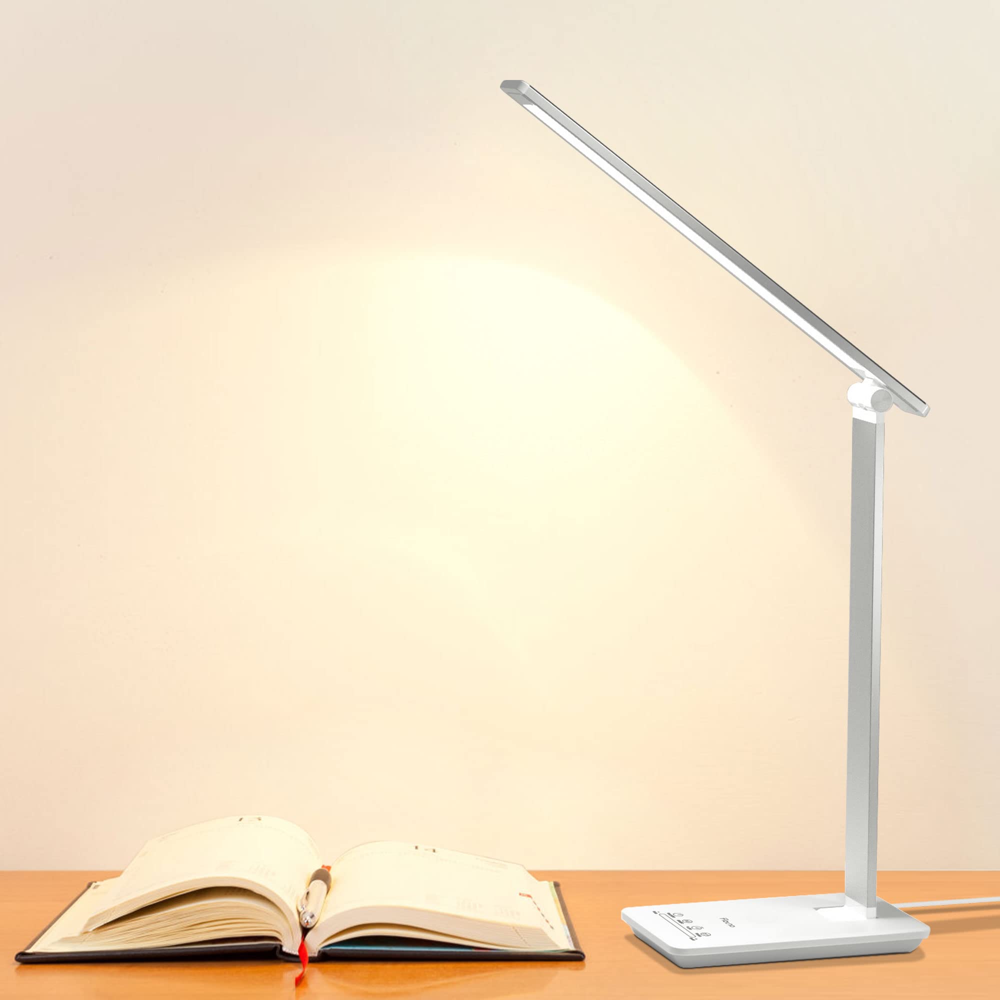 Flauno LED Desk Lamp with USB Charging Port - 5 Lighting Modes & 5 Brightness Levels, Touch Control, Auto Timer, Dimmable Eye-Caring Light for Home Office, Study, Reading & Work | Includes Power Adapter