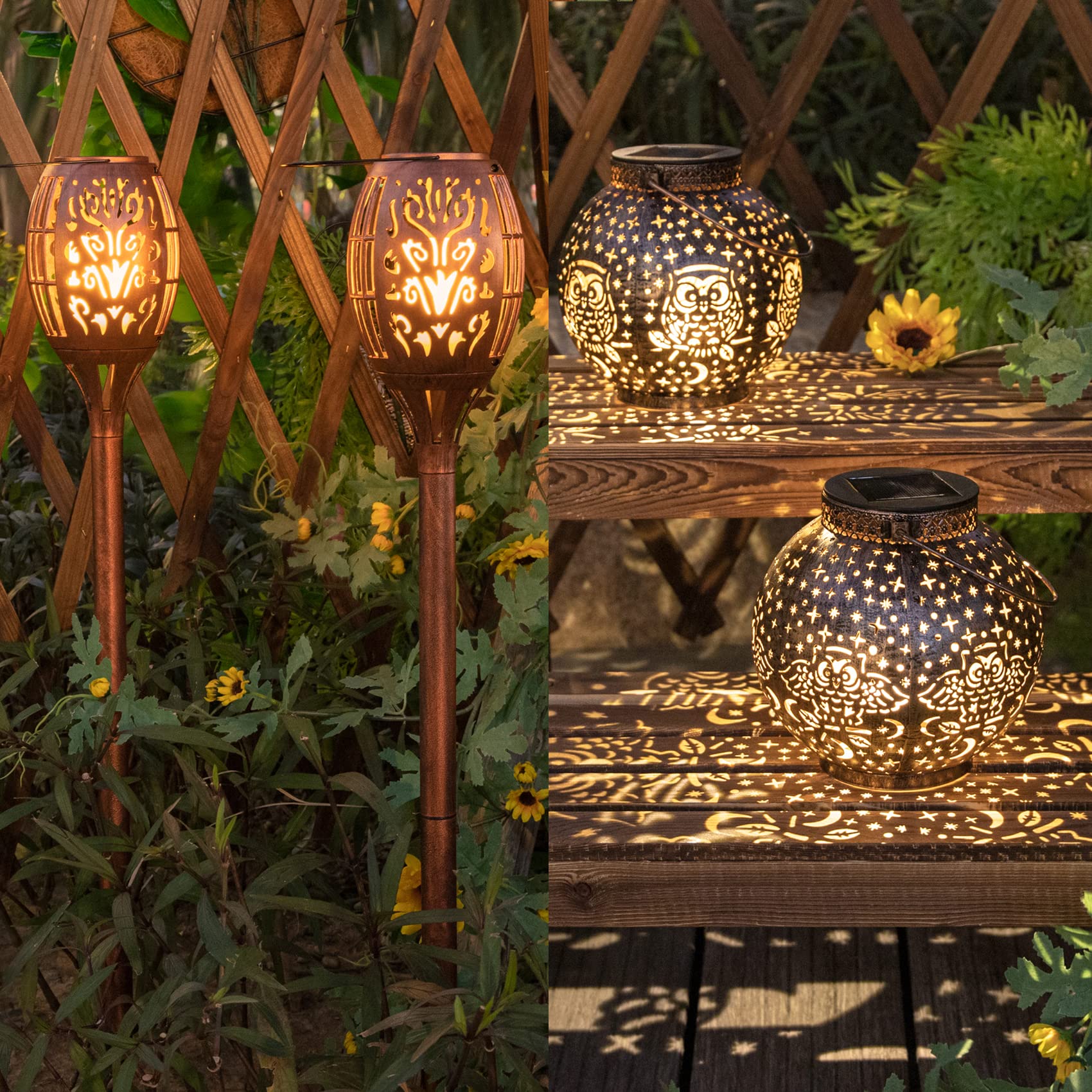 2 Pack Solar Owl Lanterns + 2 Pack Solar Torch Lights for Garden - Waterproof Outdoor Decorative Lighting for Patio, Yard, Pathway & Landscape Decor