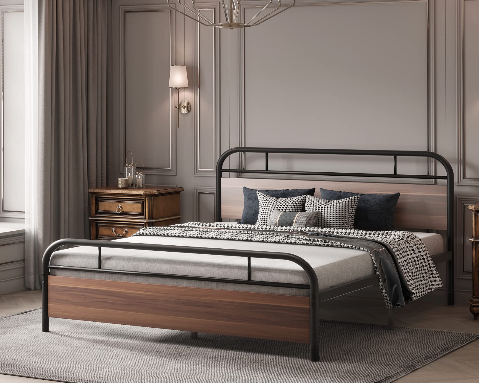 Sturdy Nazhura Metal Queen Size Bed Frame with Engineered Wood Headboard & Footboard - Heavy Duty Platform Bed for Master Bedroom, Guest Room, or Dorm
