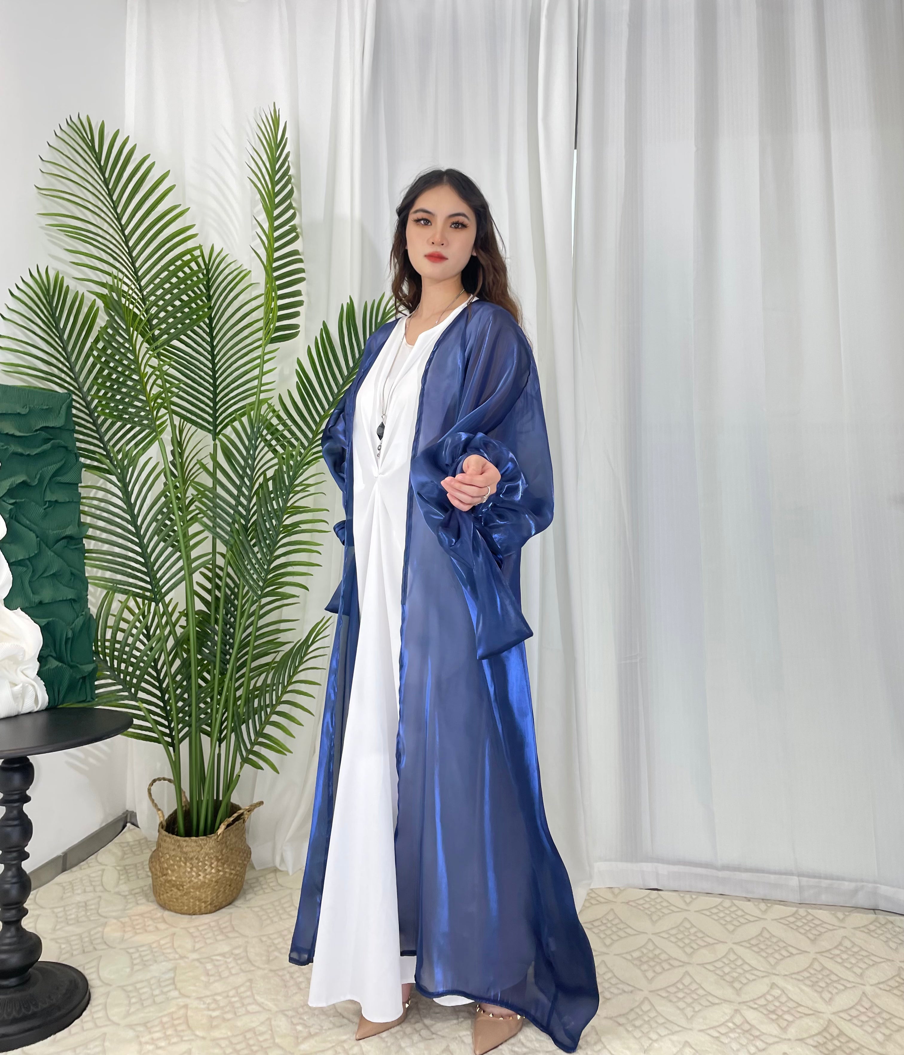 Luxury Open Front Abaya Dress for Women - Elegant Organza Fabric with Silk-Like Sheen - Plus Size Options Available - Perfect for Special Occasions, Weddings & Evening Events