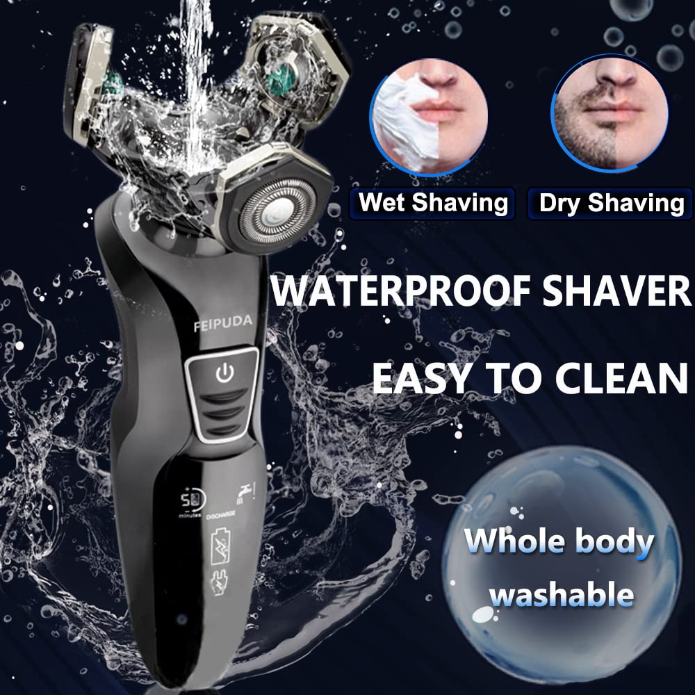 FEIPUDA Men's Electric Razor - Waterproof Cordless Shaver with Nose & Sideburn Trimmer - Rechargeable Beard Trimmer for Smooth Shaving at Home or Travel