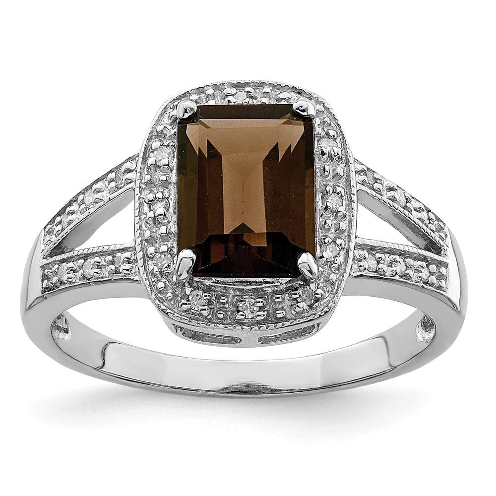 925 Sterling Silver Emerald-Cut Chocolate Brown Smoky Quartz & Diamond Engagement Ring (0.08 CTTW) - Perfect for Proposals, Anniversaries & Special Occasions