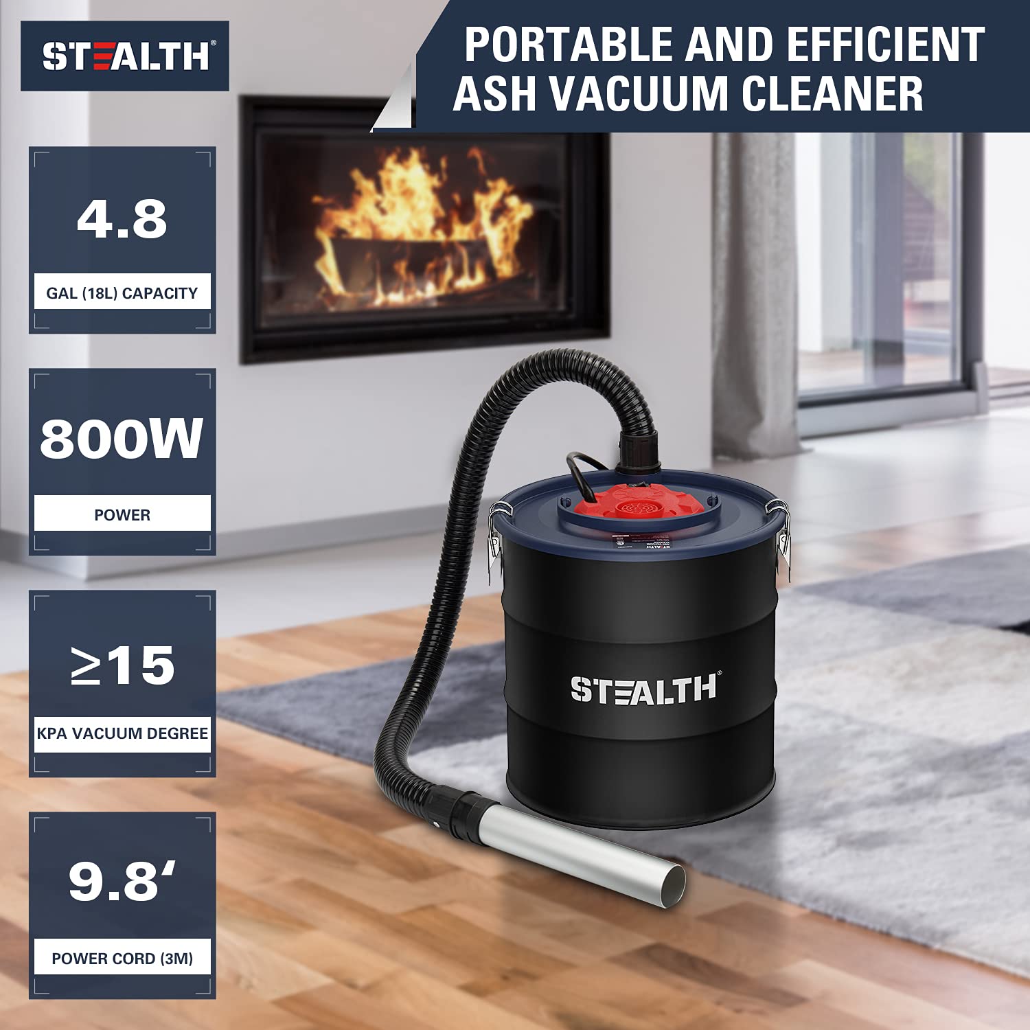 Stealth 4.8 Gallon Ash Vacuum - Powerful Portable Ash Vacuum Cleaner for Fireplaces, Wood Stoves, Fire Pits & Pellet Stoves (Model EMV05S) - Ideal for Home, Camping & Outdoor Fireplace Maintenance