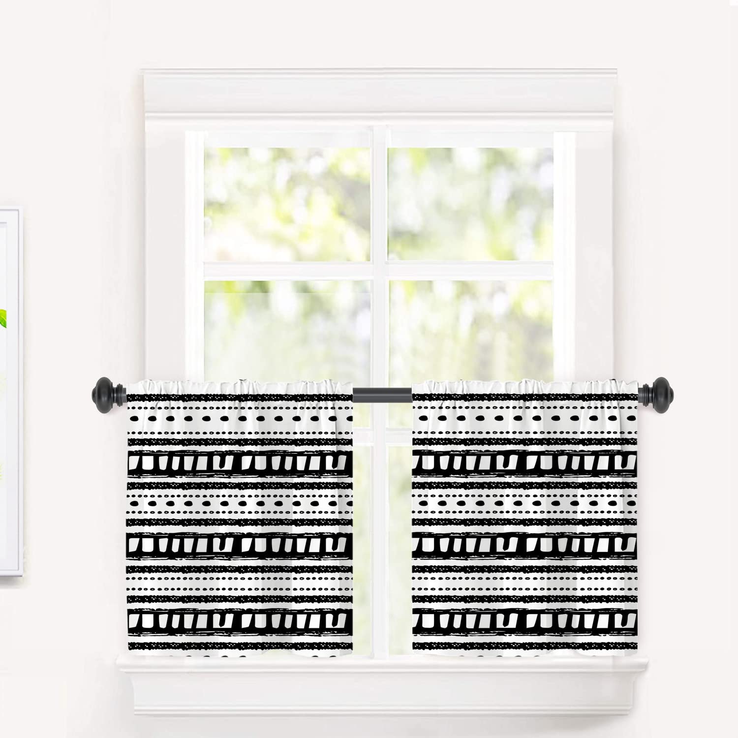 Blackout Geometric Stripe Kitchen Curtains 2 Pack 26x24 Inches - Black Polyester Window Valances for Modern Kitchens, Perfect for Sun Protection & Home Decor