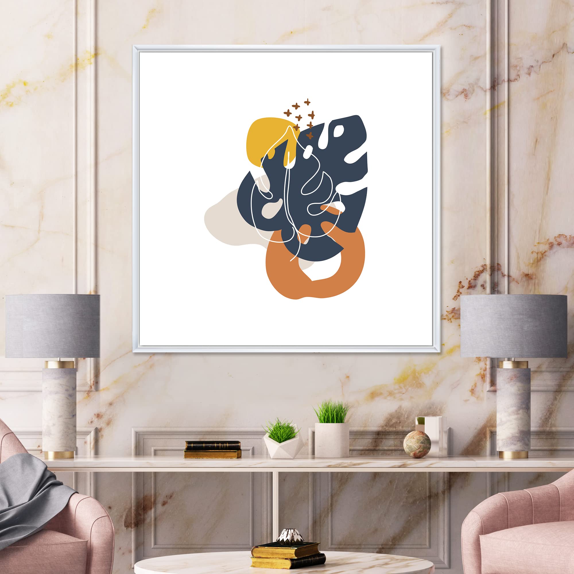 Abstract Flowers on Minimal Shapes IX - Modern Framed Canvas Wall Art Print for Living Room & Bedroom Decor