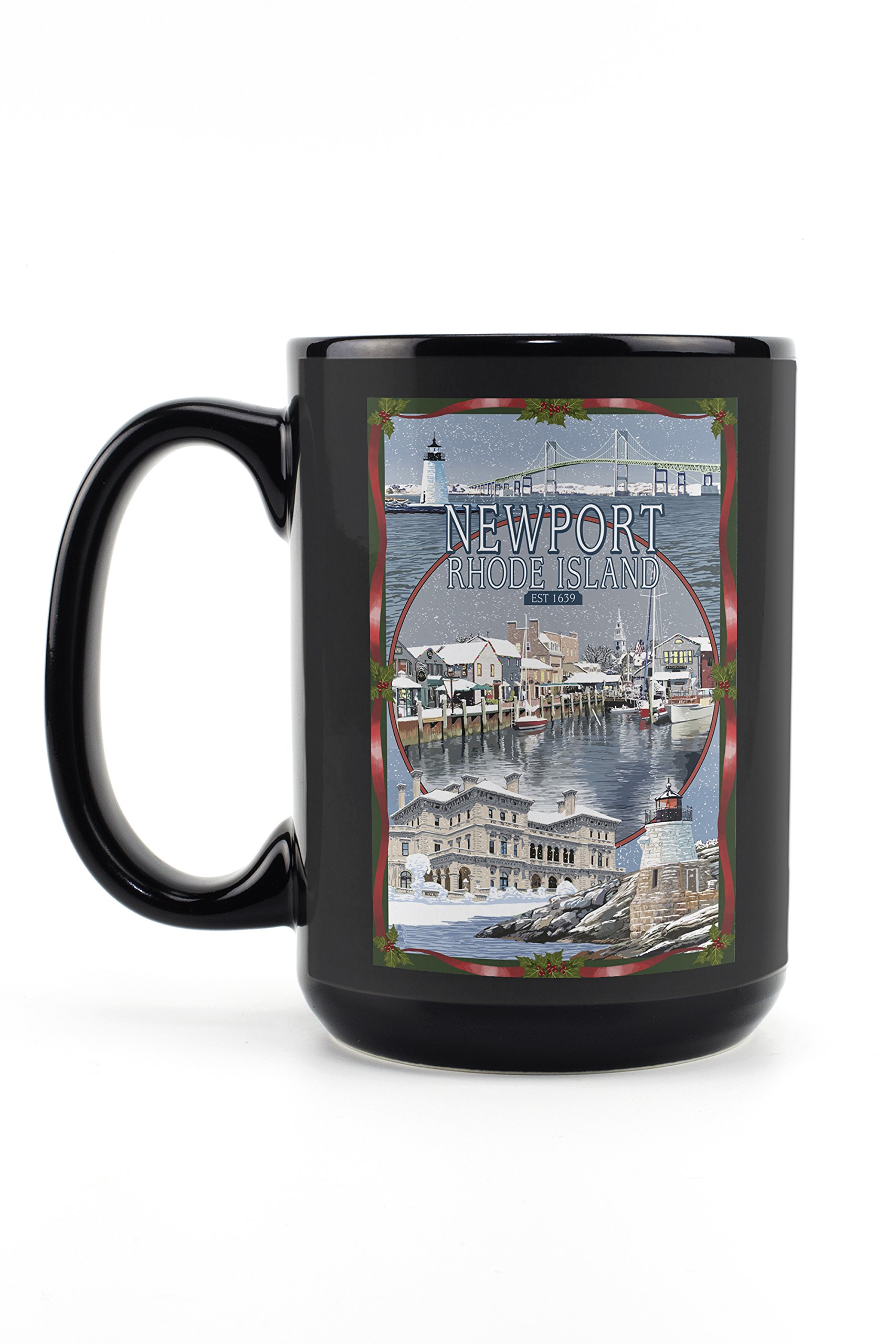 Newport Rhode Island Winter Scenes 15oz Black Ceramic Coffee Mug - Microwave & Dishwasher Safe - Perfect for Hot Cocoa, Tea & Office Use
